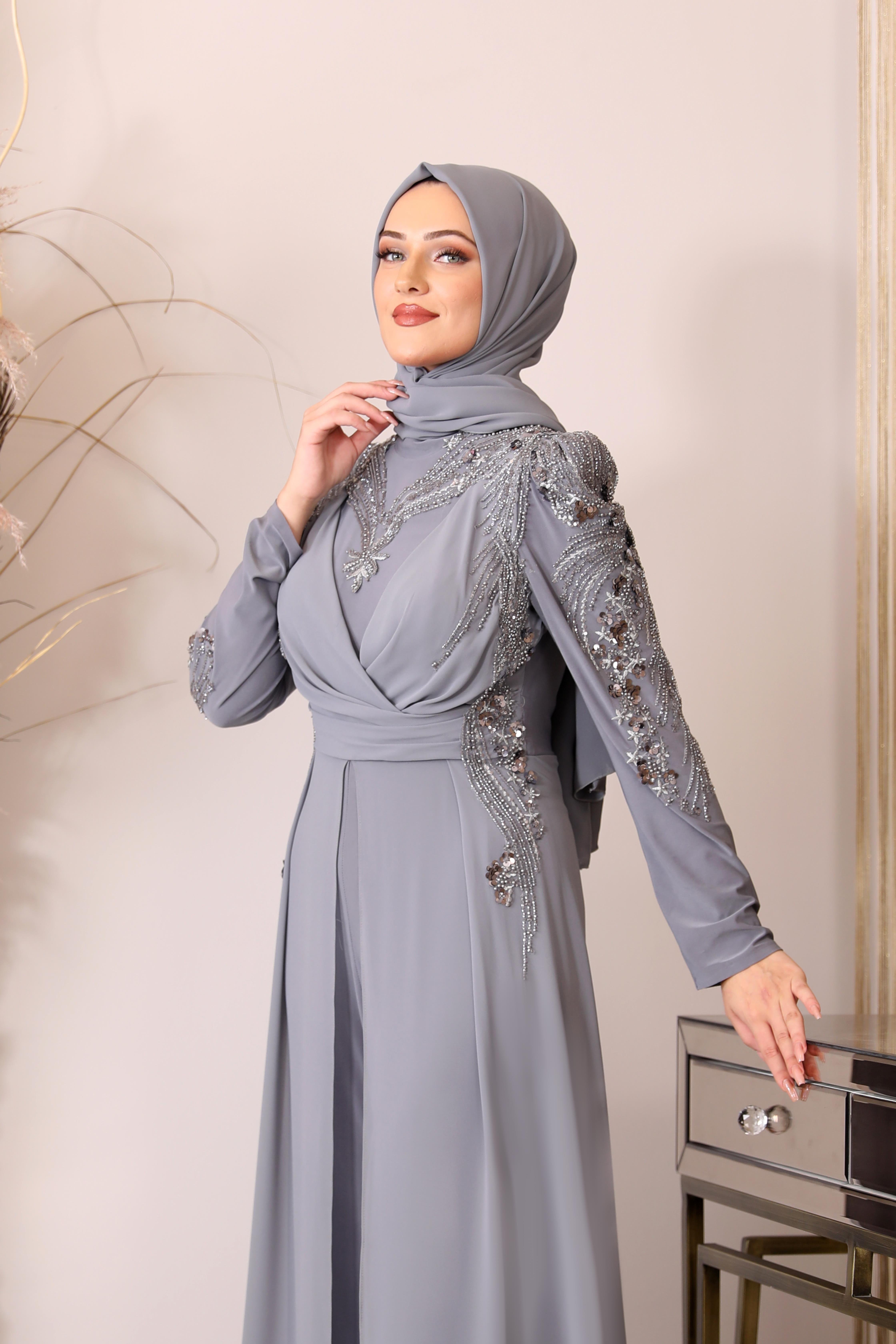 Boncuk İşlemeli Güneş Tulum - Gri