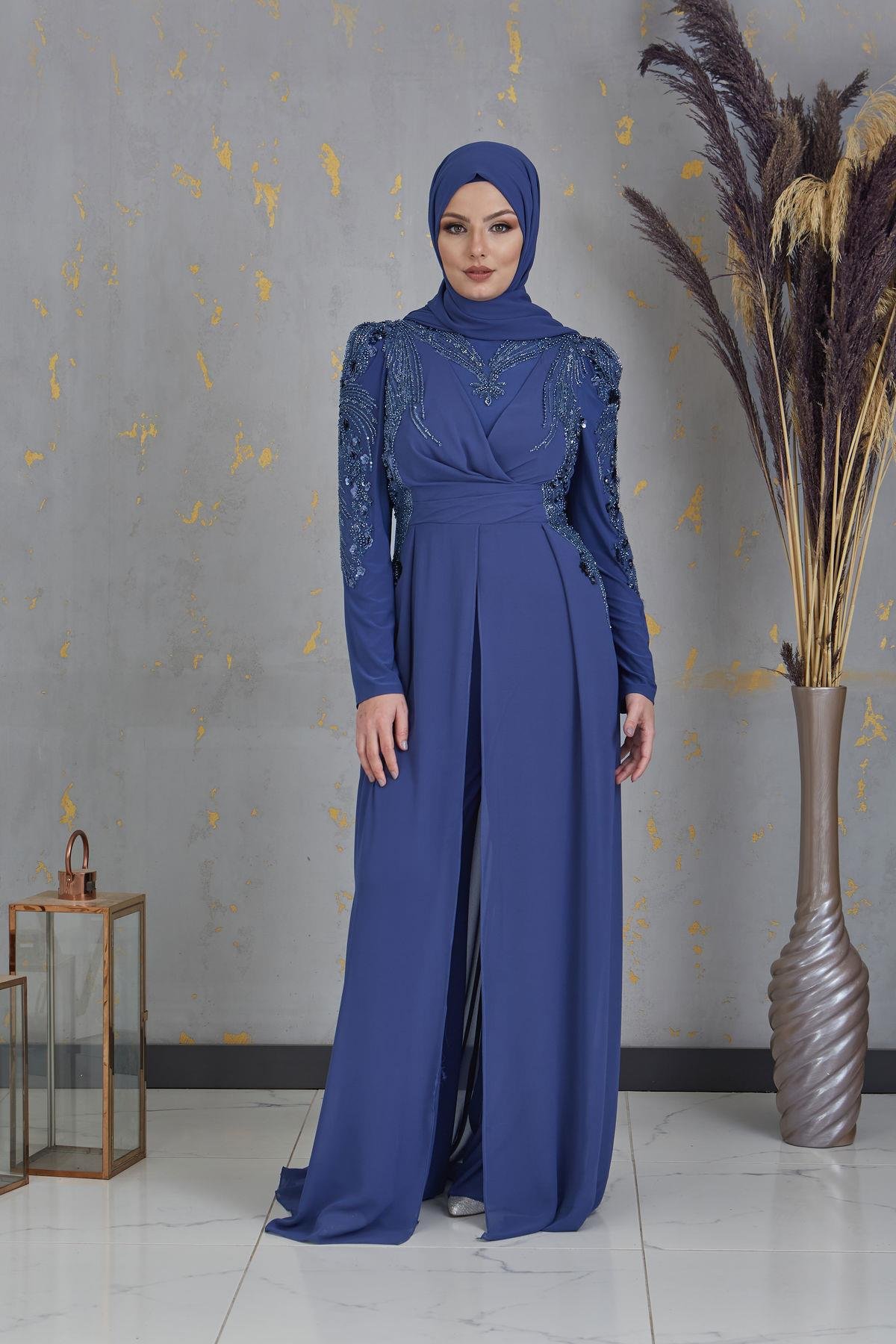 Boncuk İşlemeli Güneş Tulum - İndigo