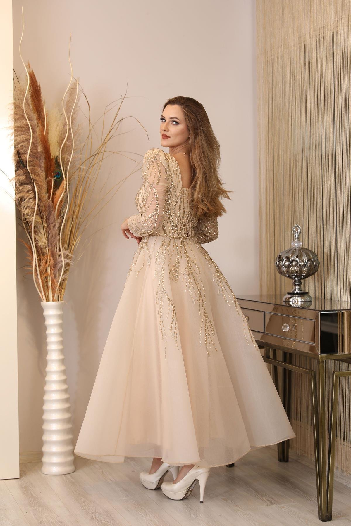 Boncuk İşlemeli Karmen Abiye - Gold