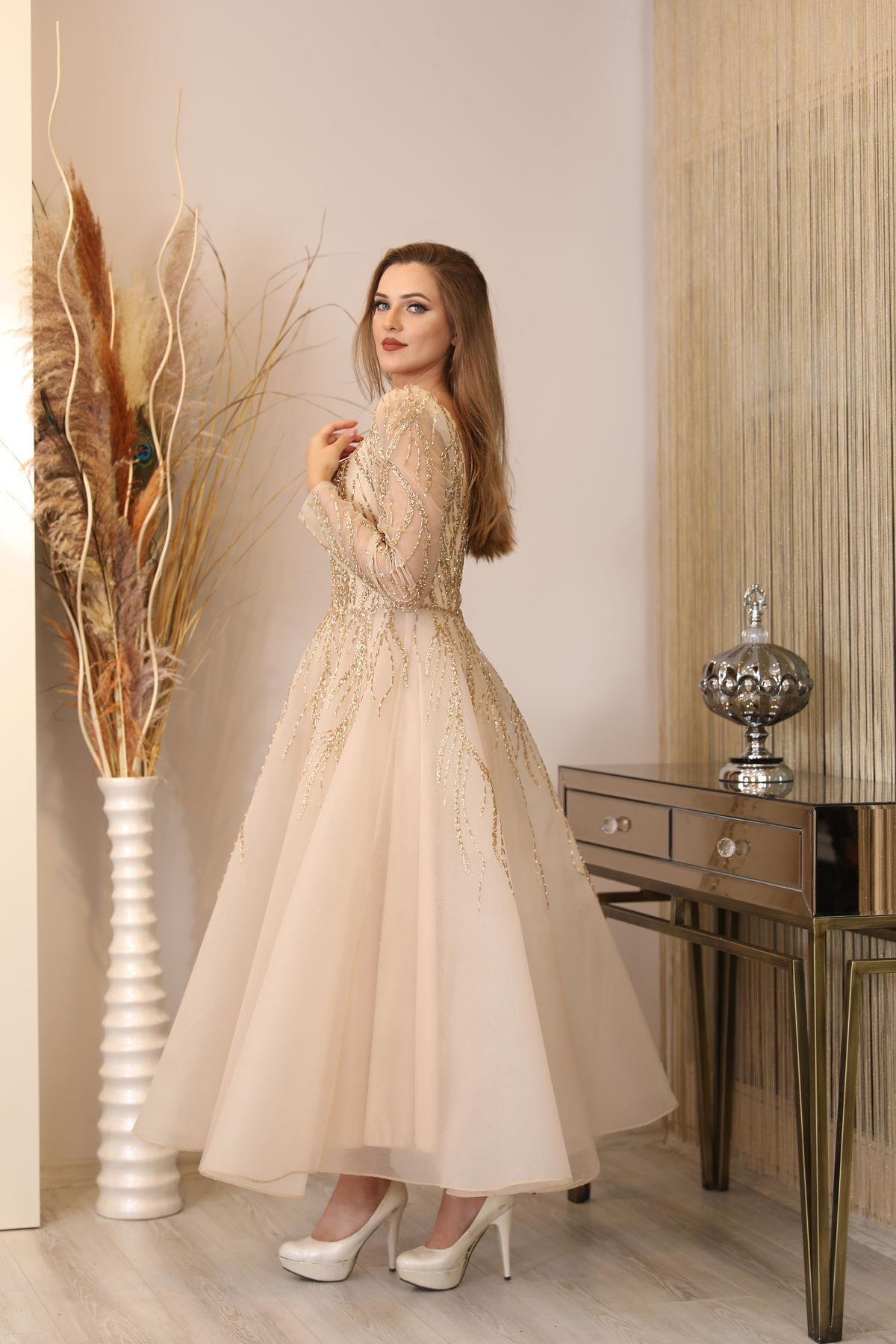 Boncuk İşlemeli Karmen Abiye - Gold