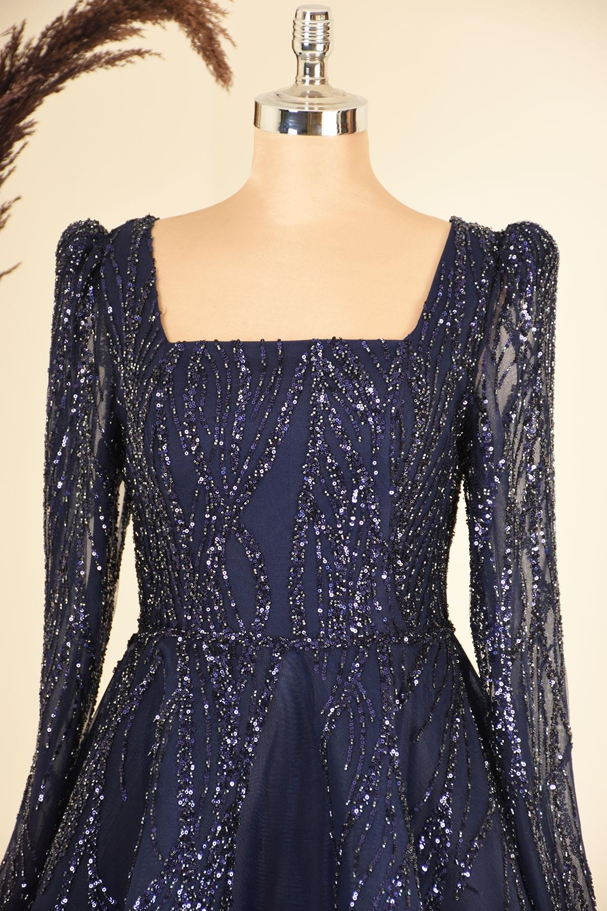 Boncuk İşlemeli Karmen Abiye - Lacivert