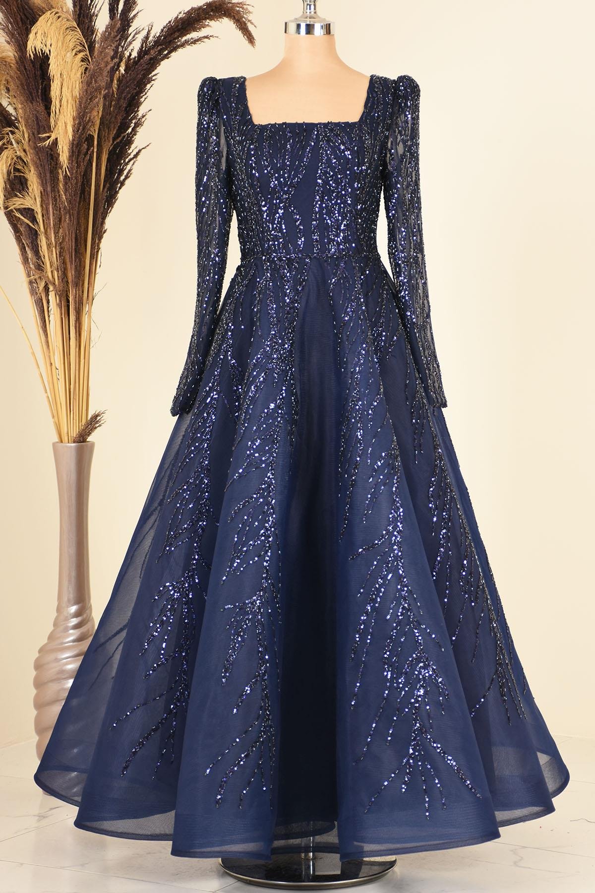 Boncuk İşlemeli Karmen Abiye - Lacivert