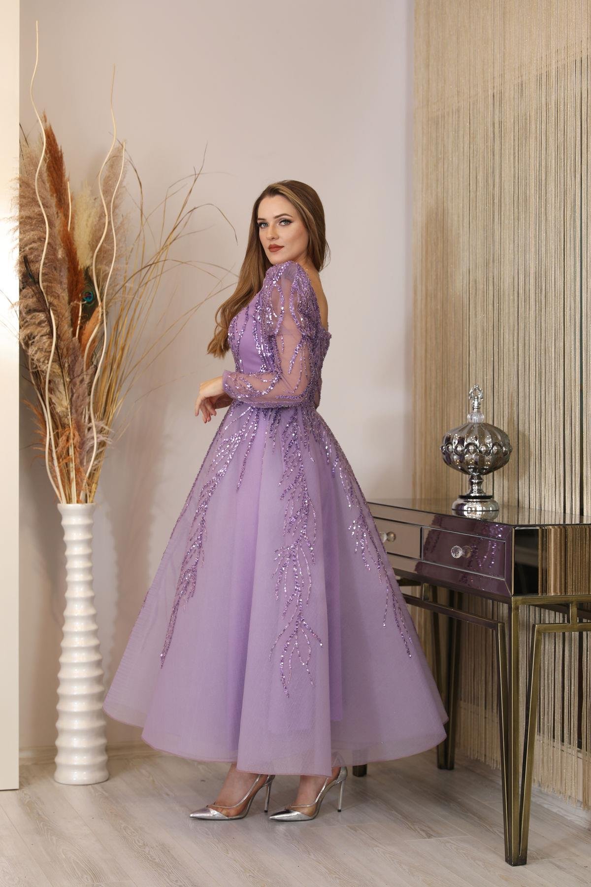 Boncuk İşlemeli Karmen Abiye - Lila