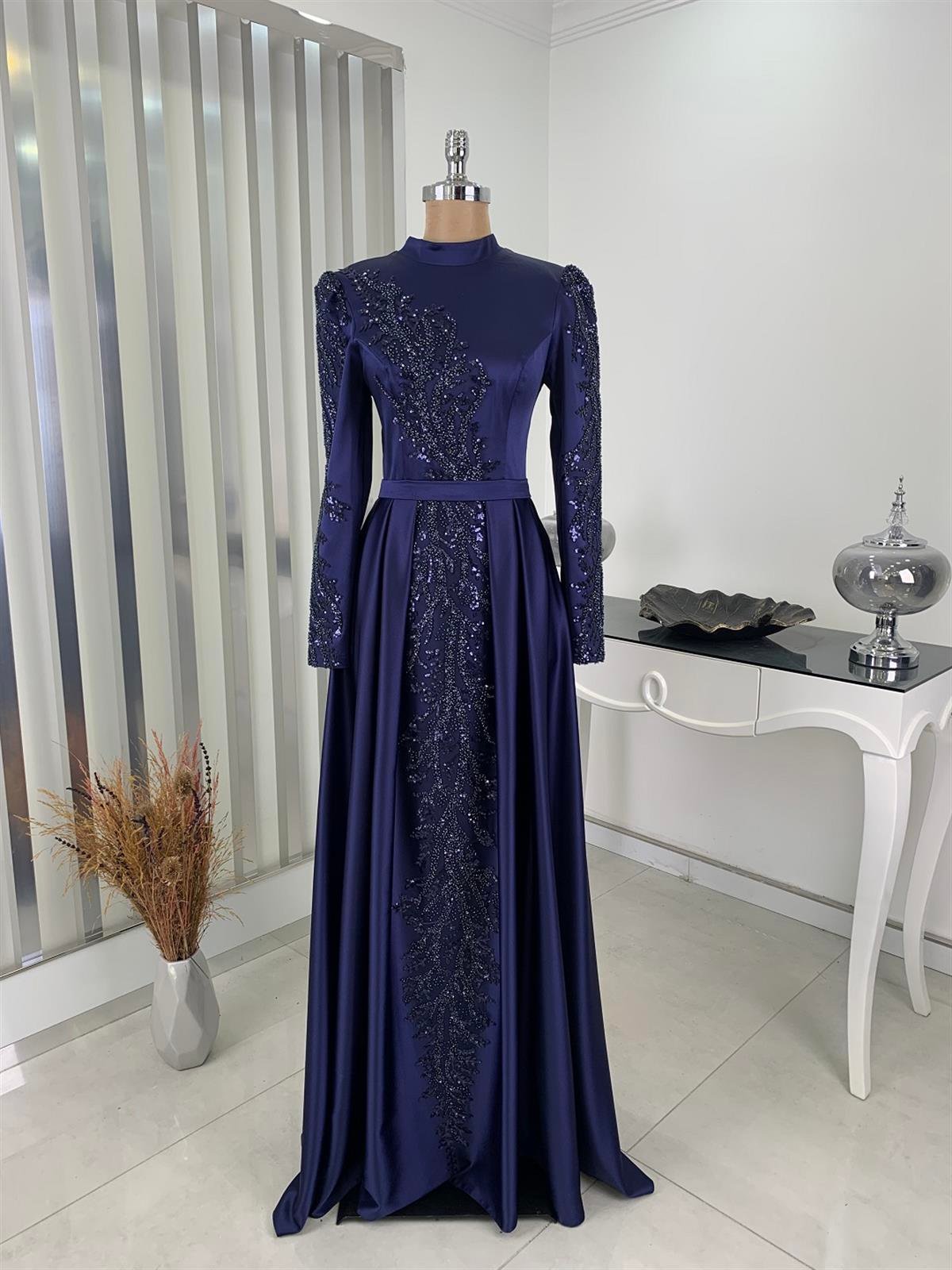 Çağla Hijab Evening Dress with Stone Lace Detail Navy Blue