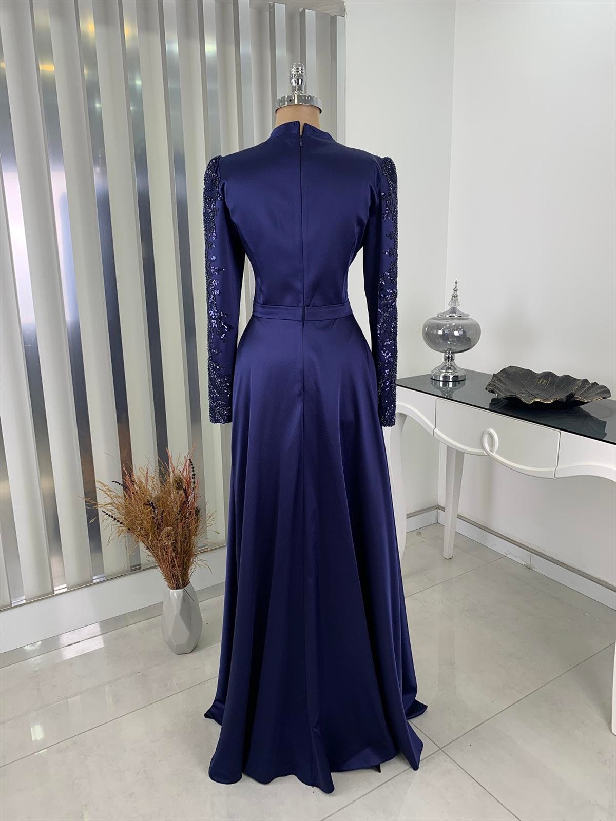 Çağla Hijab Evening Dress with Stone Lace Detail Navy Blue