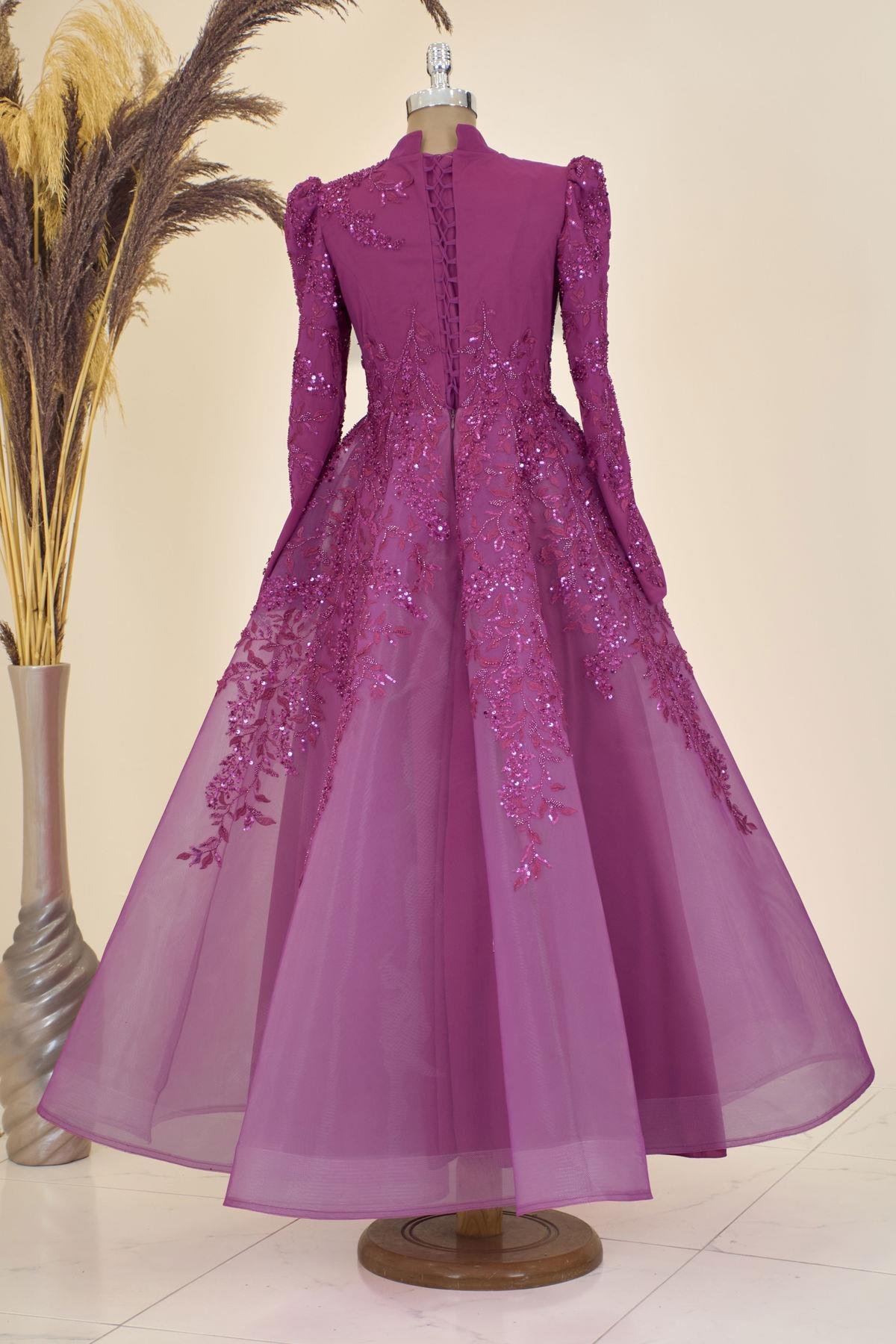 Çiçek İşlemeli Serra Tesettür  Abiye Fuşya