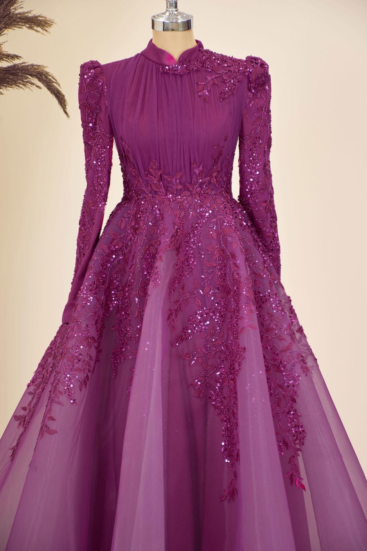 Çiçek İşlemeli Serra Tesettür  Abiye Fuşya