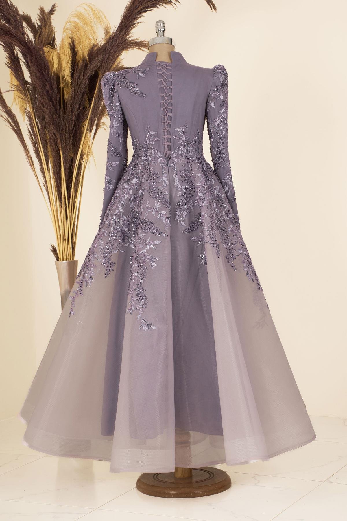 Çiçek İşlemeli Serra Tesettür  Abiye Lila