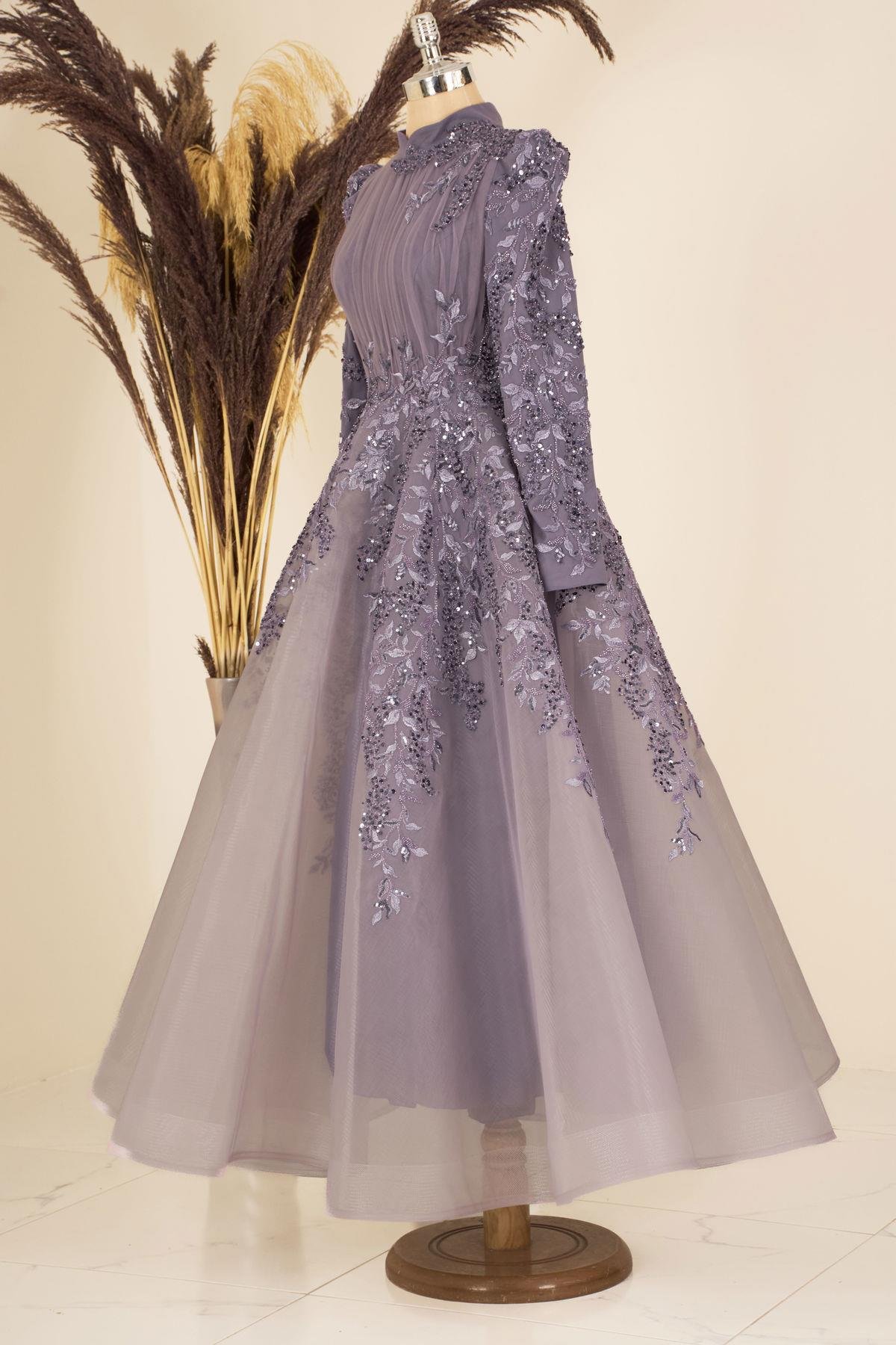 Çiçek İşlemeli Serra Tesettür  Abiye Lila