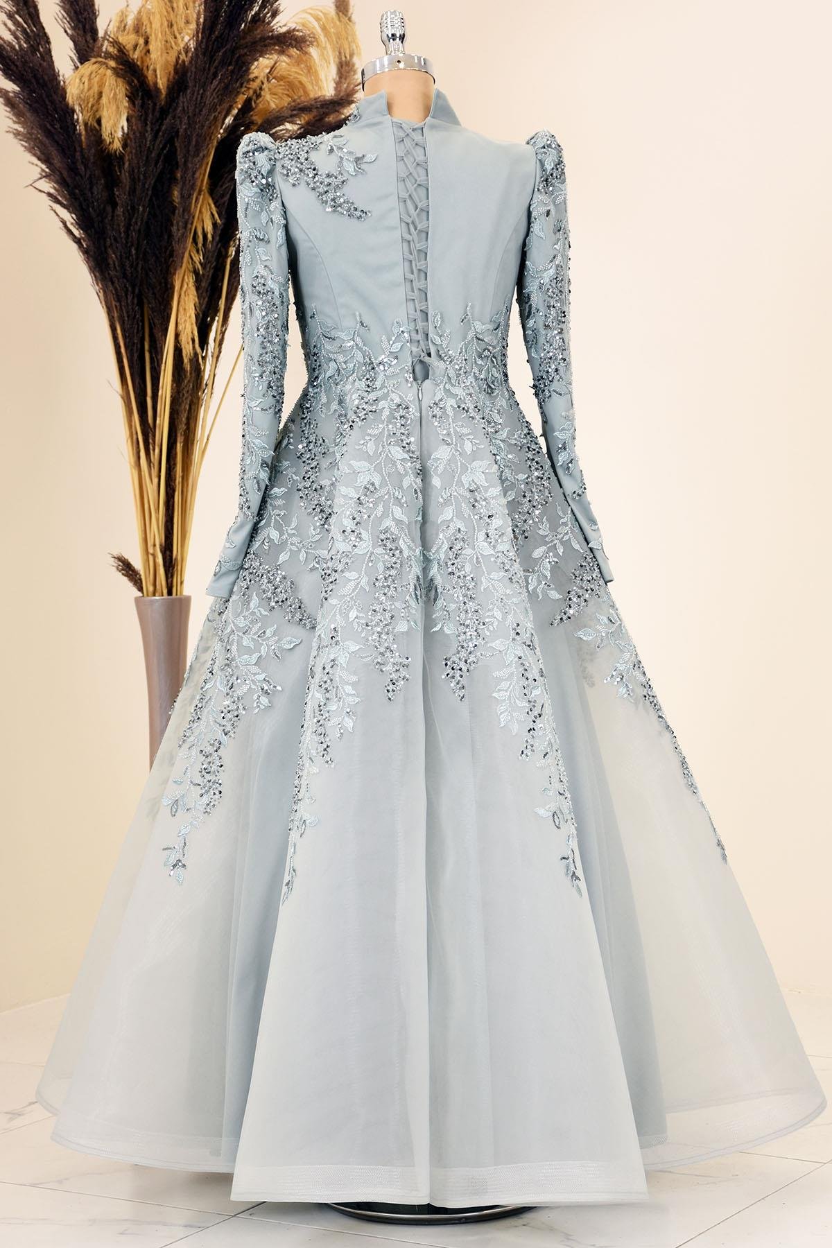 Çiçek İşlemeli Serra Tesettür  Abiye Mint