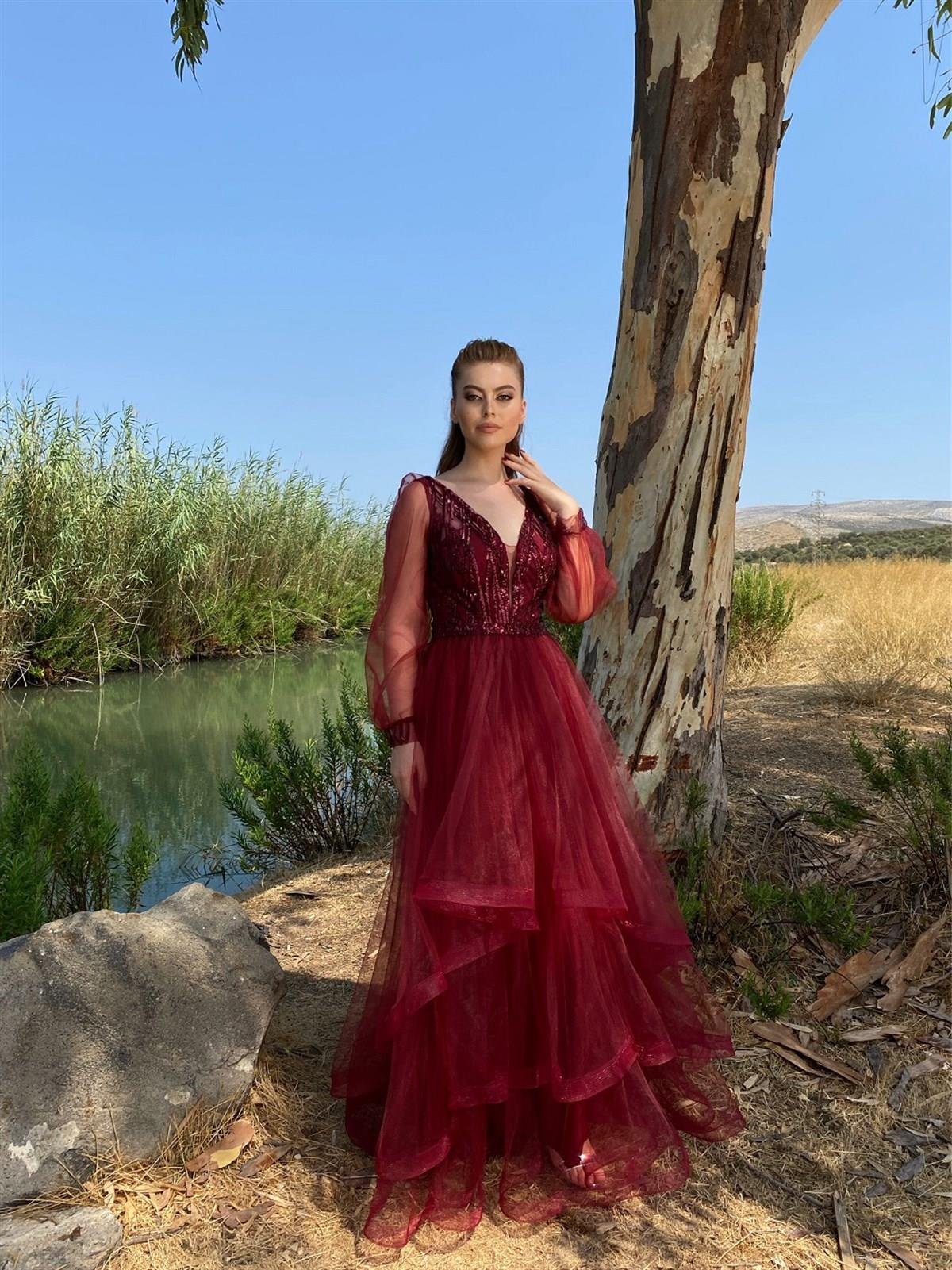 Eflin Pul Payetli Tül Kollu Abiye - Bordo
