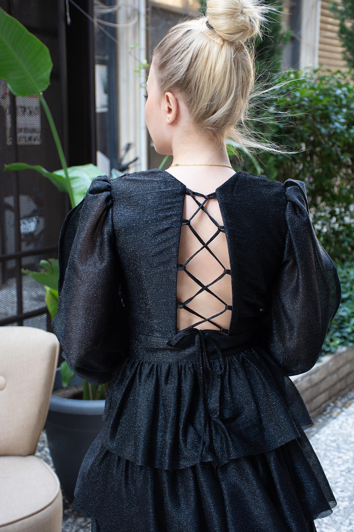 Eteği Fırfırlı Arkası Bağcıklı Ella Abiye Siyah