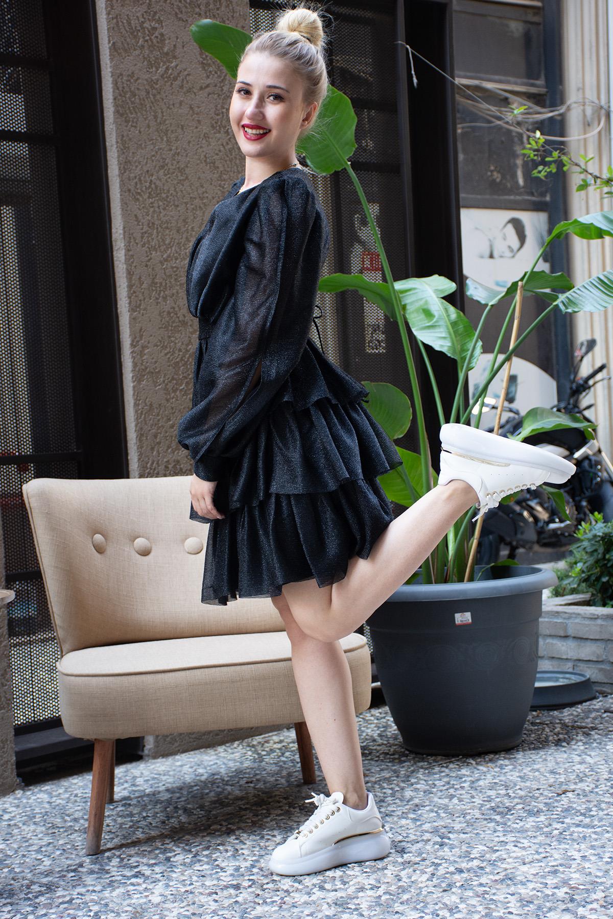 Eteği Fırfırlı Arkası Bağcıklı Ella Abiye Siyah