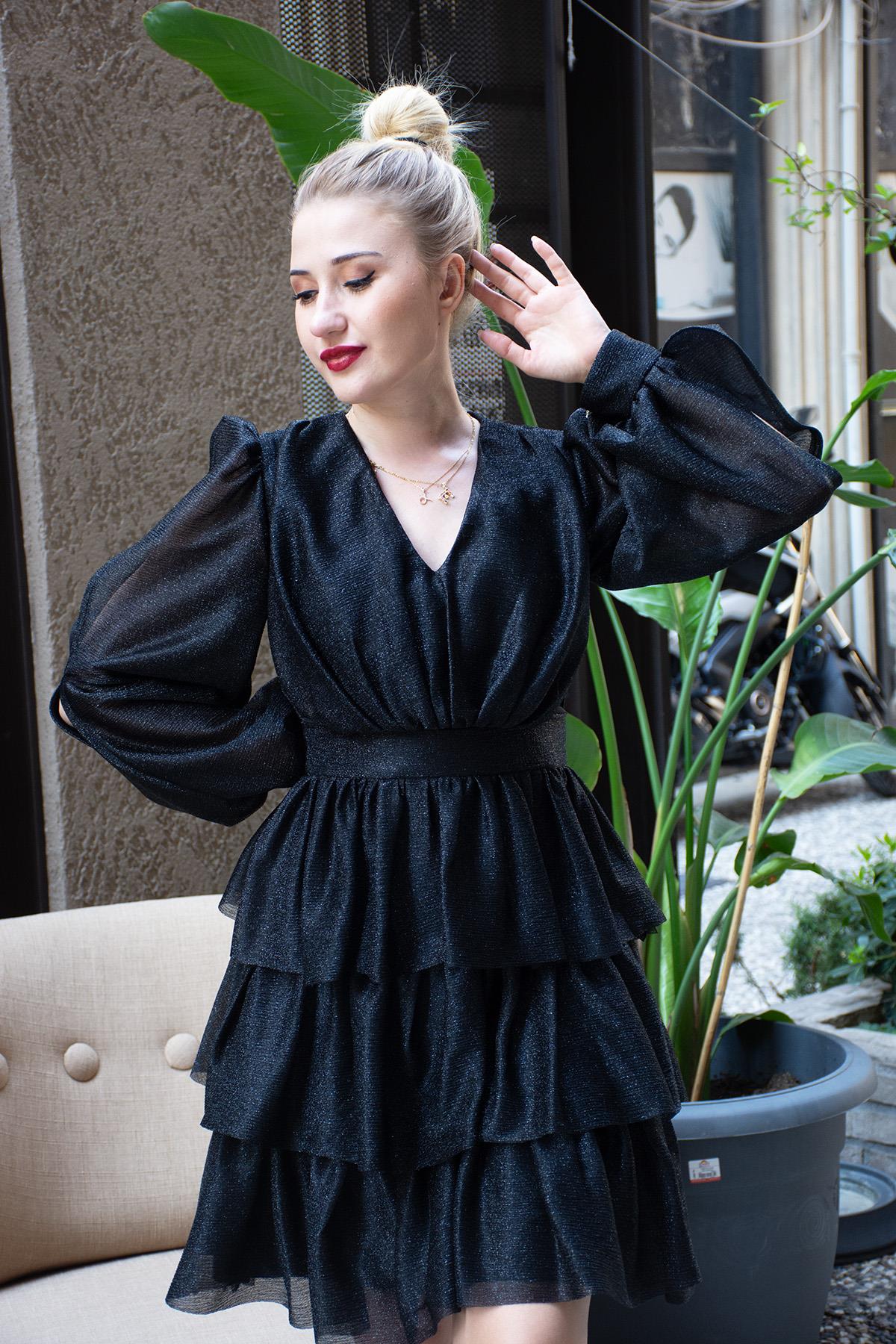 Eteği Fırfırlı Arkası Bağcıklı Ella Abiye Siyah