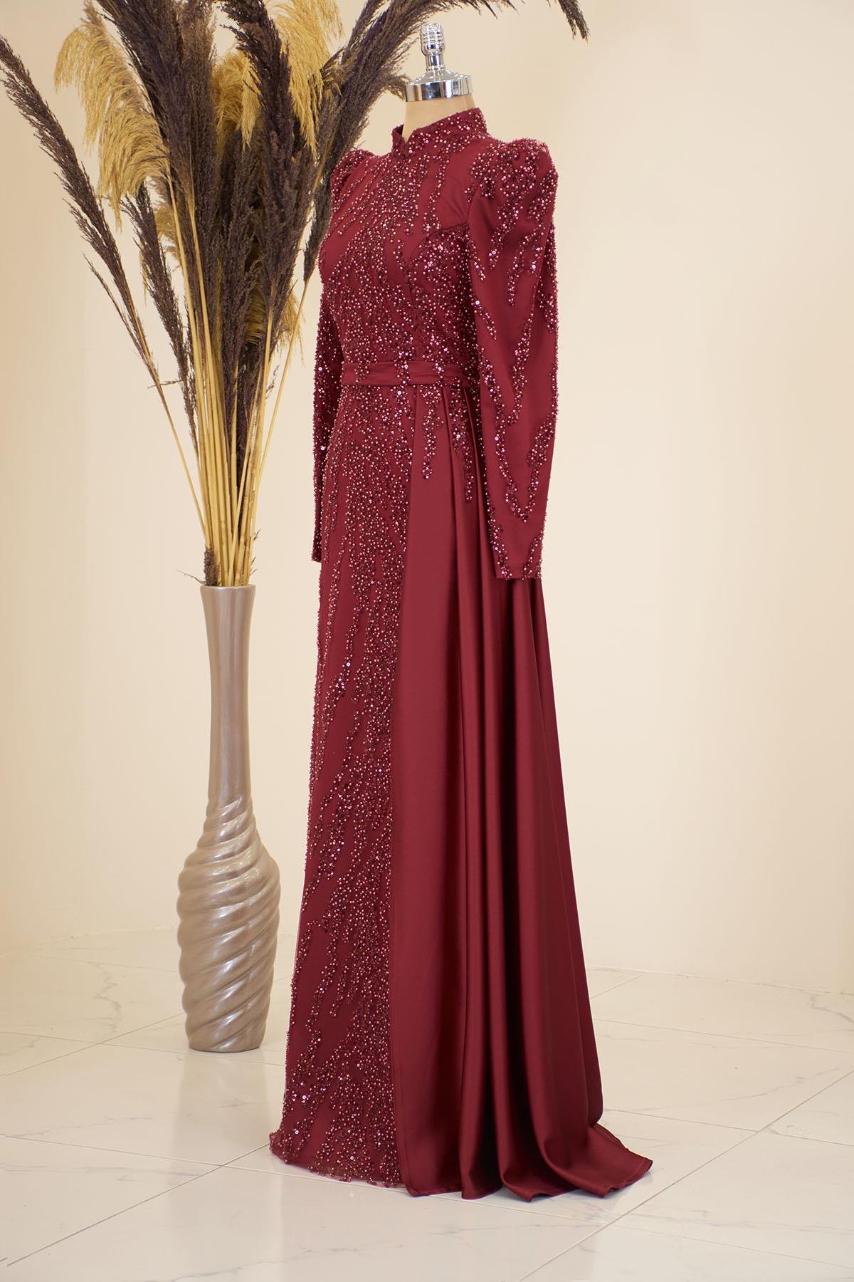 Eteği Sarkaçlı Boncuk İşlemeli Seçil Abiye-Bordo