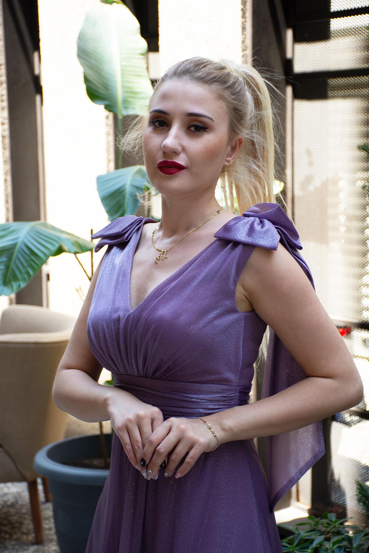 Fiyonklu Yandan Yırtmaçlı Alessi Abiye Mor