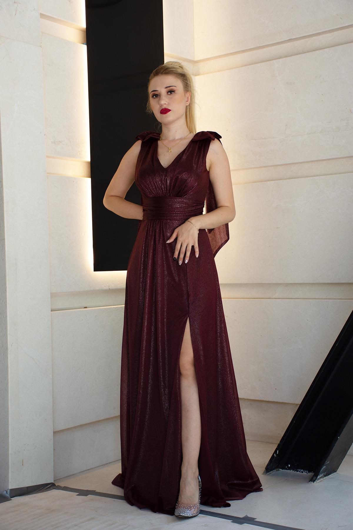 Fiyonklu Yandan Yırtmaçlı Alessi Abiye Vişne