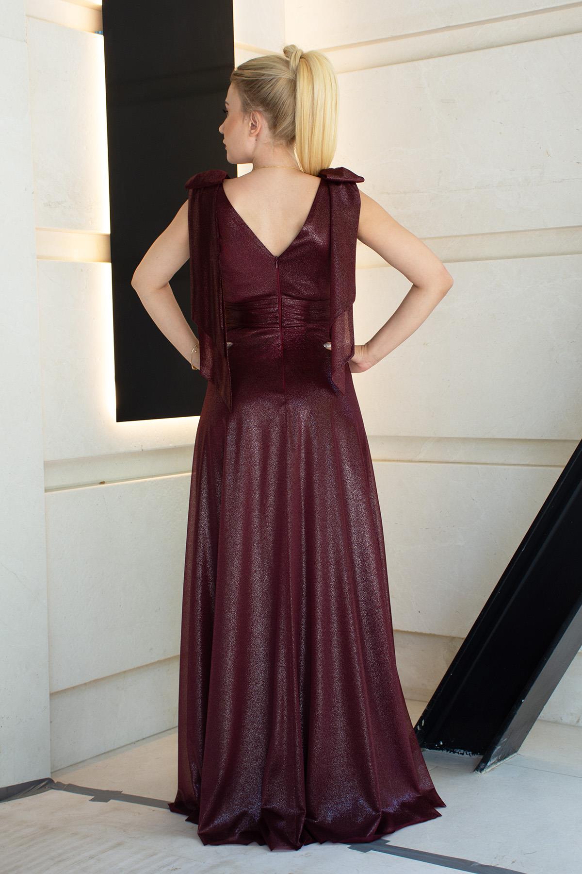 Fiyonklu Yandan Yırtmaçlı Alessi Abiye Vişne