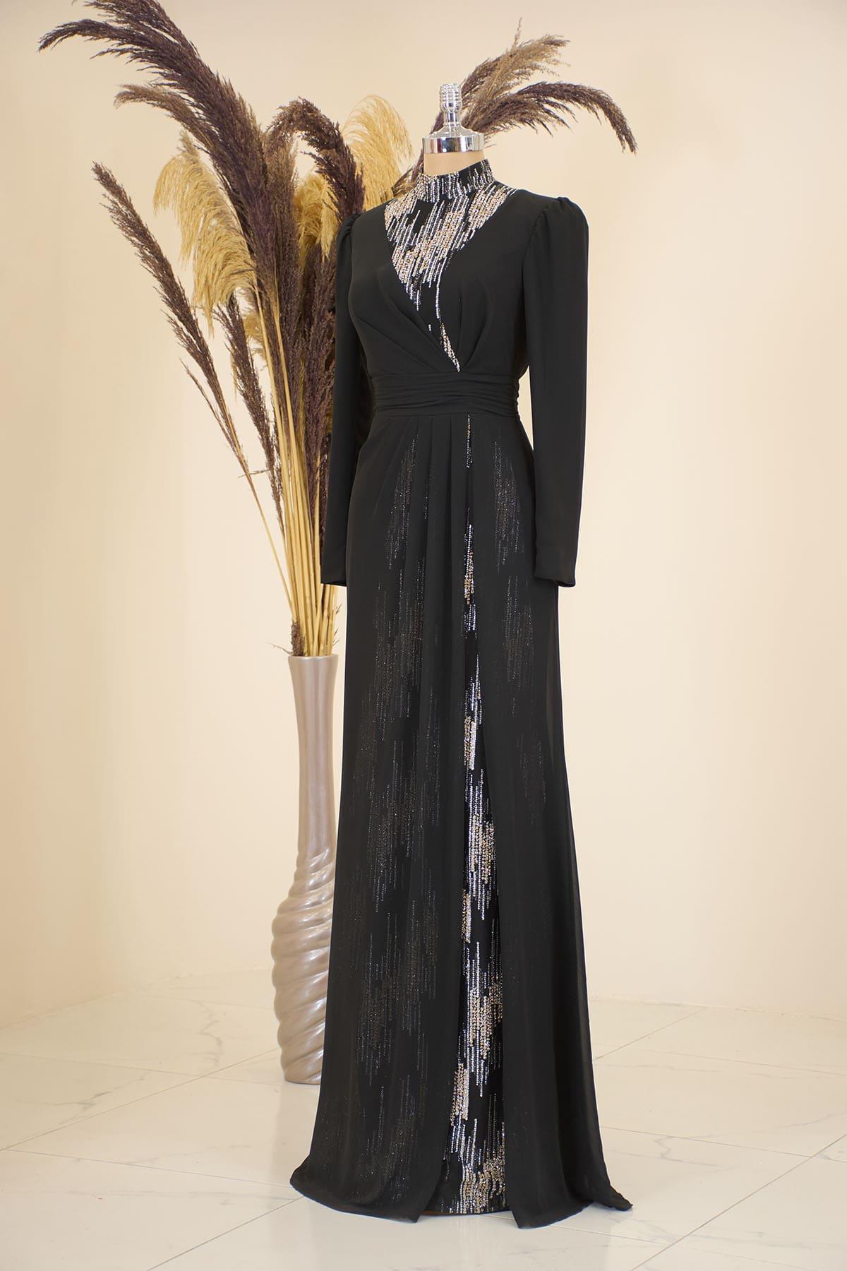 Gliterli Taş İşlemeli Multi Şifon Neva Abiye Siyah