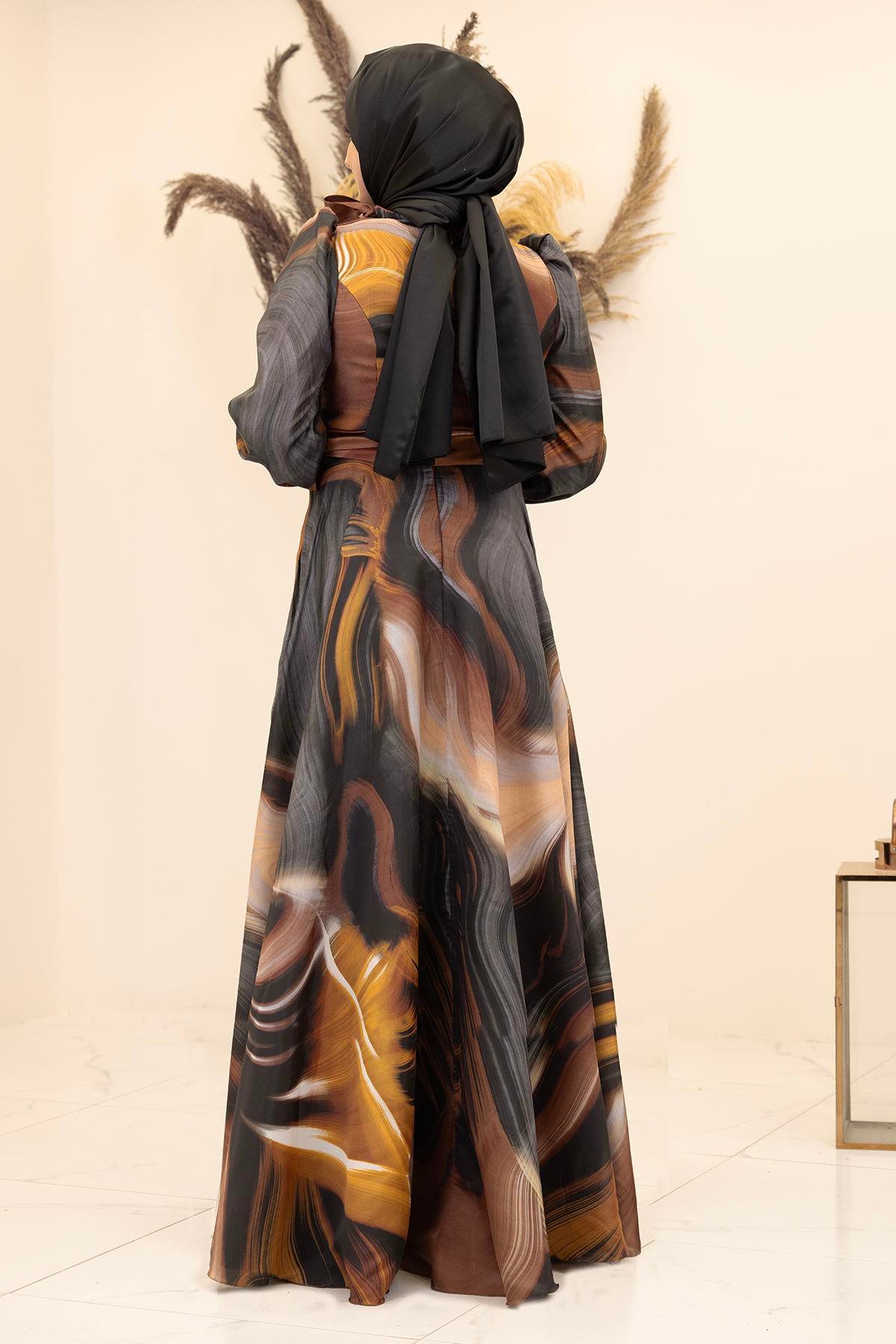 İpek Saten Kemerli Yakası Fiyonklu Desenli Ebruli Elbise-Siyah