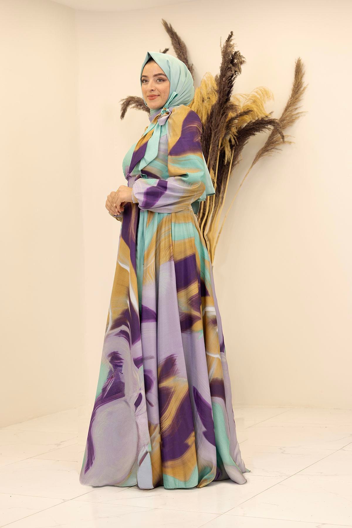 İpek Saten Kemerli Yakası Fiyonklu Desenli Ebruli Elbise-mint