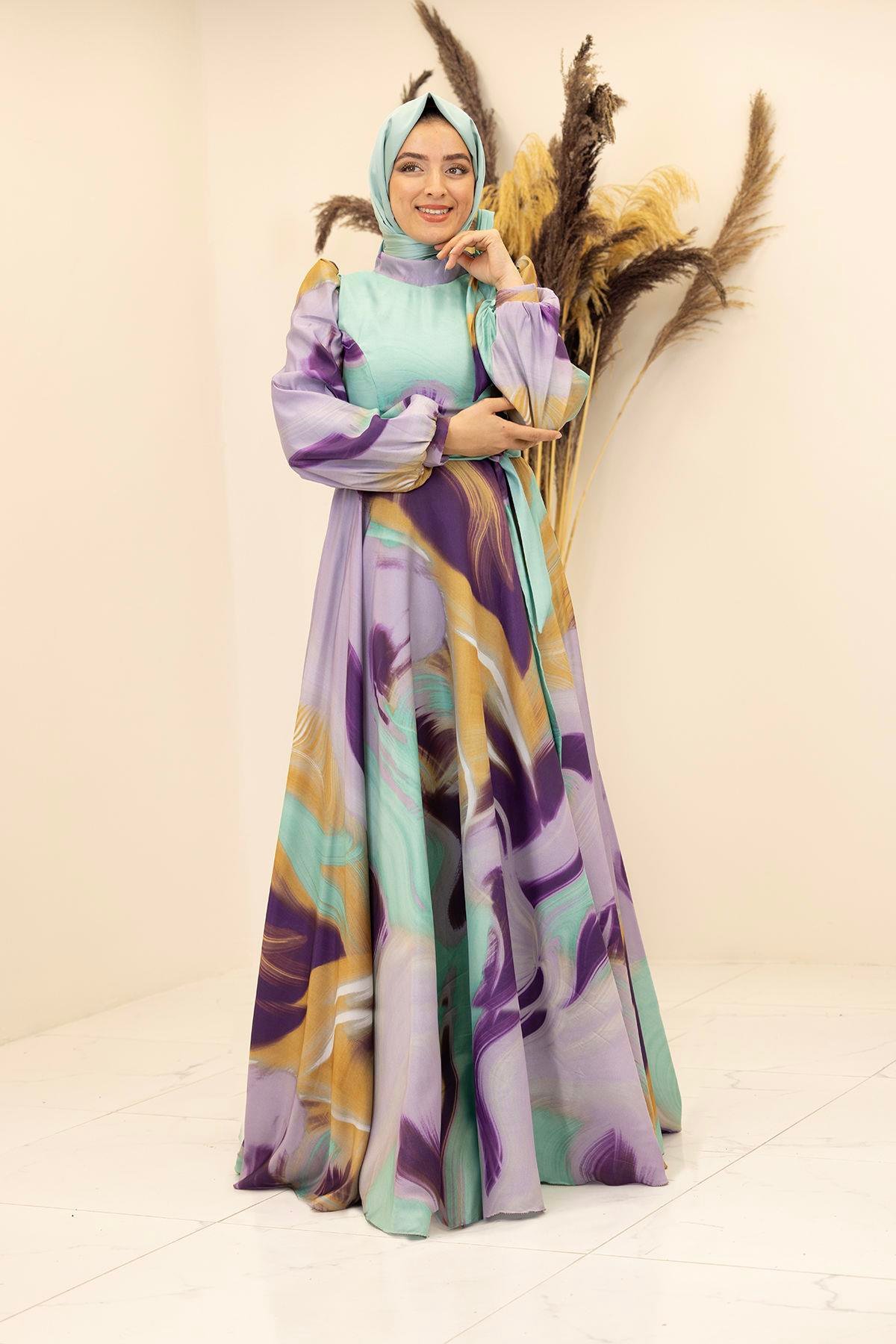 İpek Saten Kemerli Yakası Fiyonklu Desenli Ebruli Elbise-mint