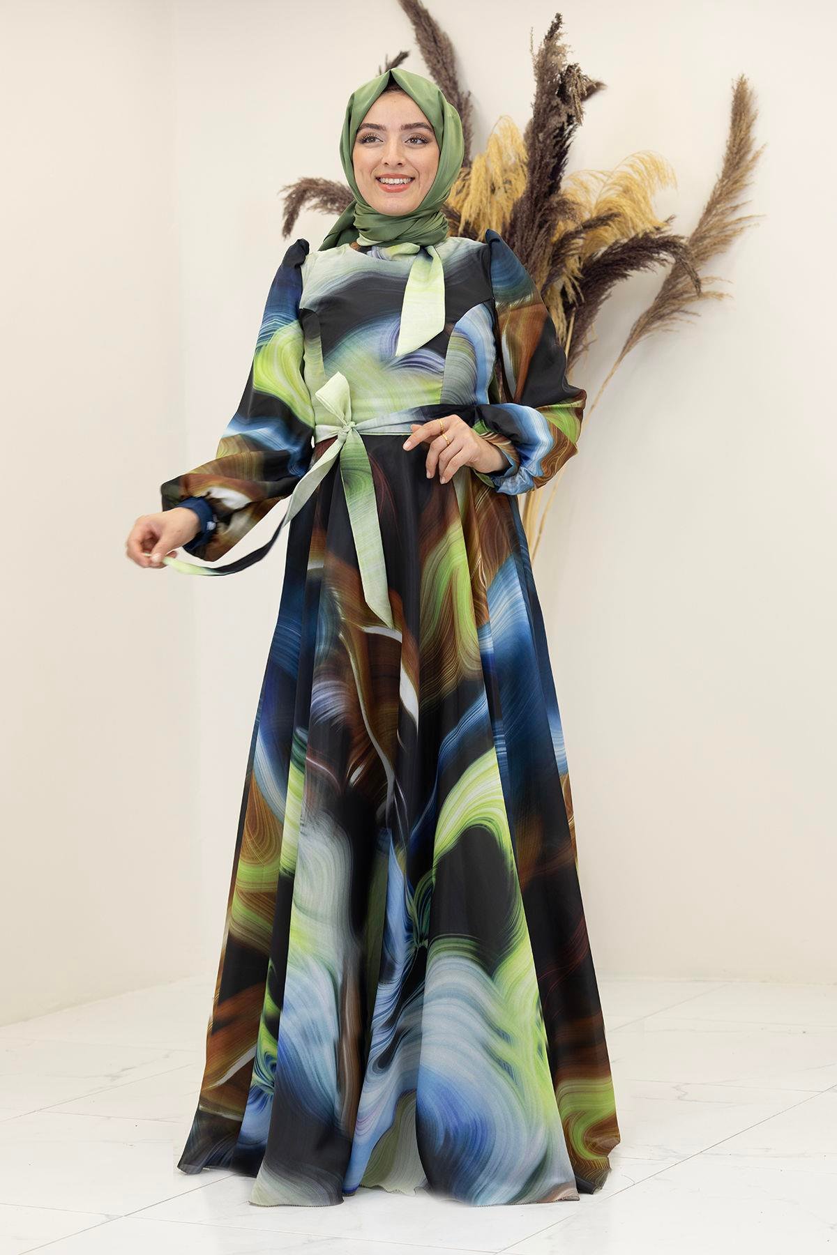 İpek Saten Kemerli Yakası Fiyonklu Desenli Ebruli Elbise-Saks