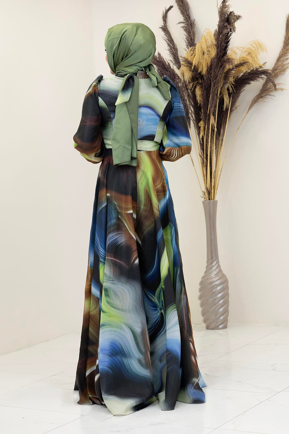 İpek Saten Kemerli Yakası Fiyonklu Desenli Ebruli Elbise-Saks