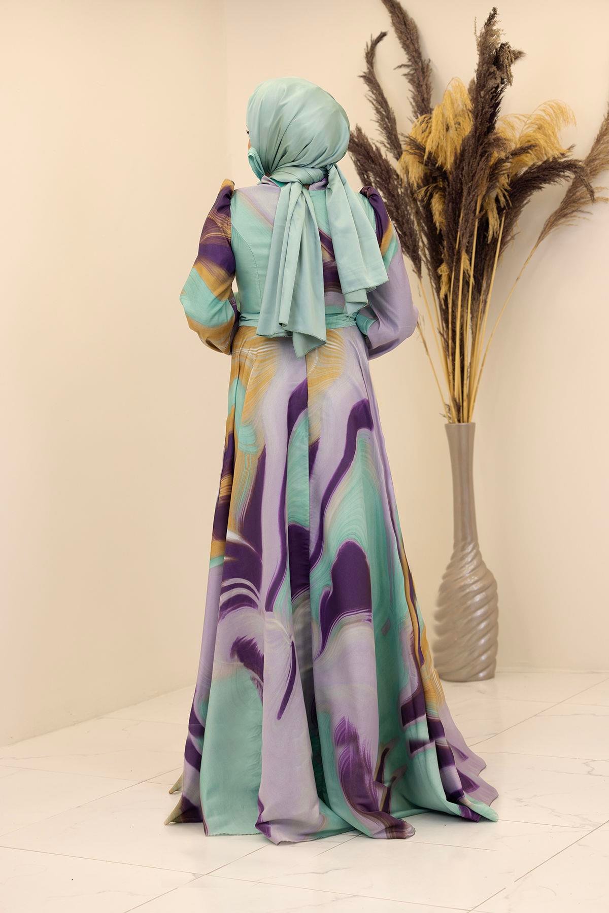 İpek Saten Kemerli Yakası Fiyonklu Desenli Ebruli Elbise-mint