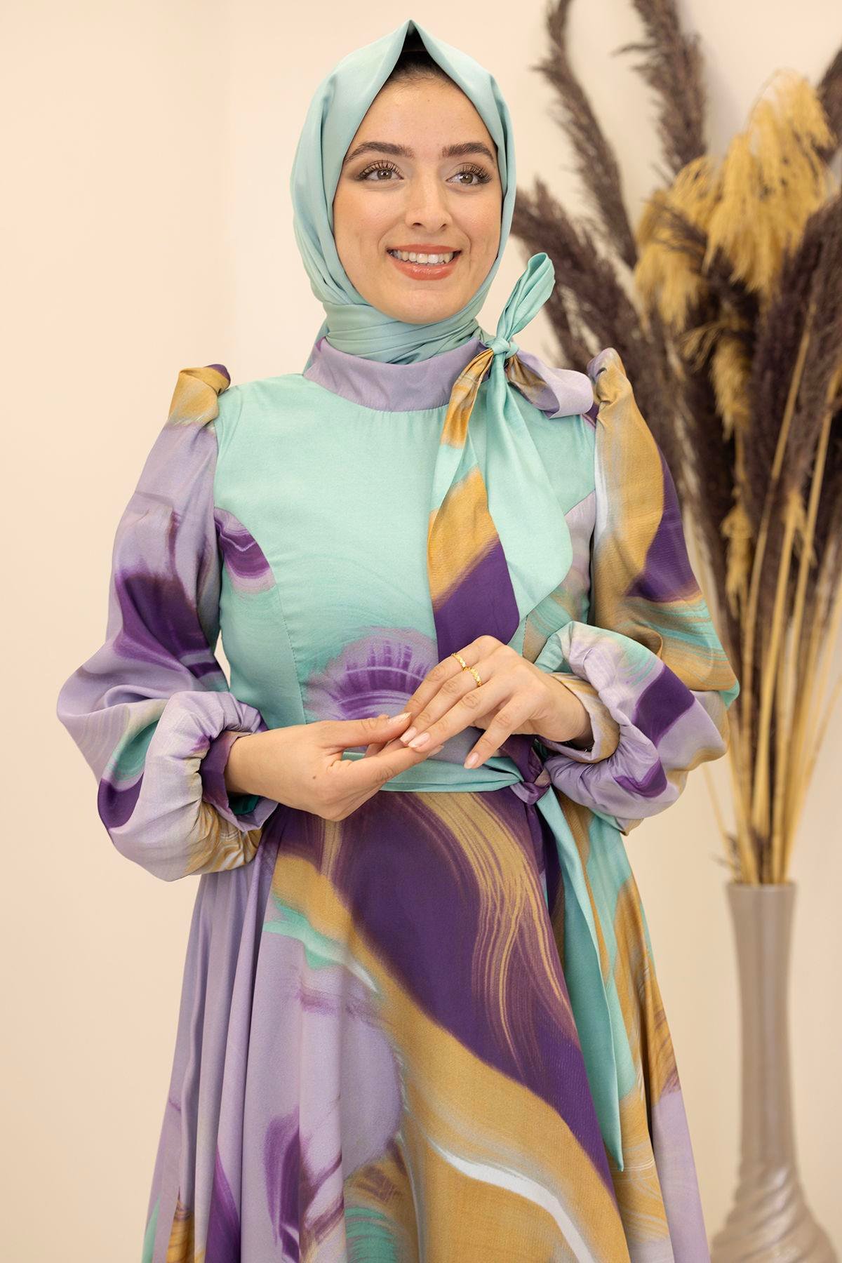 İpek Saten Kemerli Yakası Fiyonklu Desenli Ebruli Elbise-mint