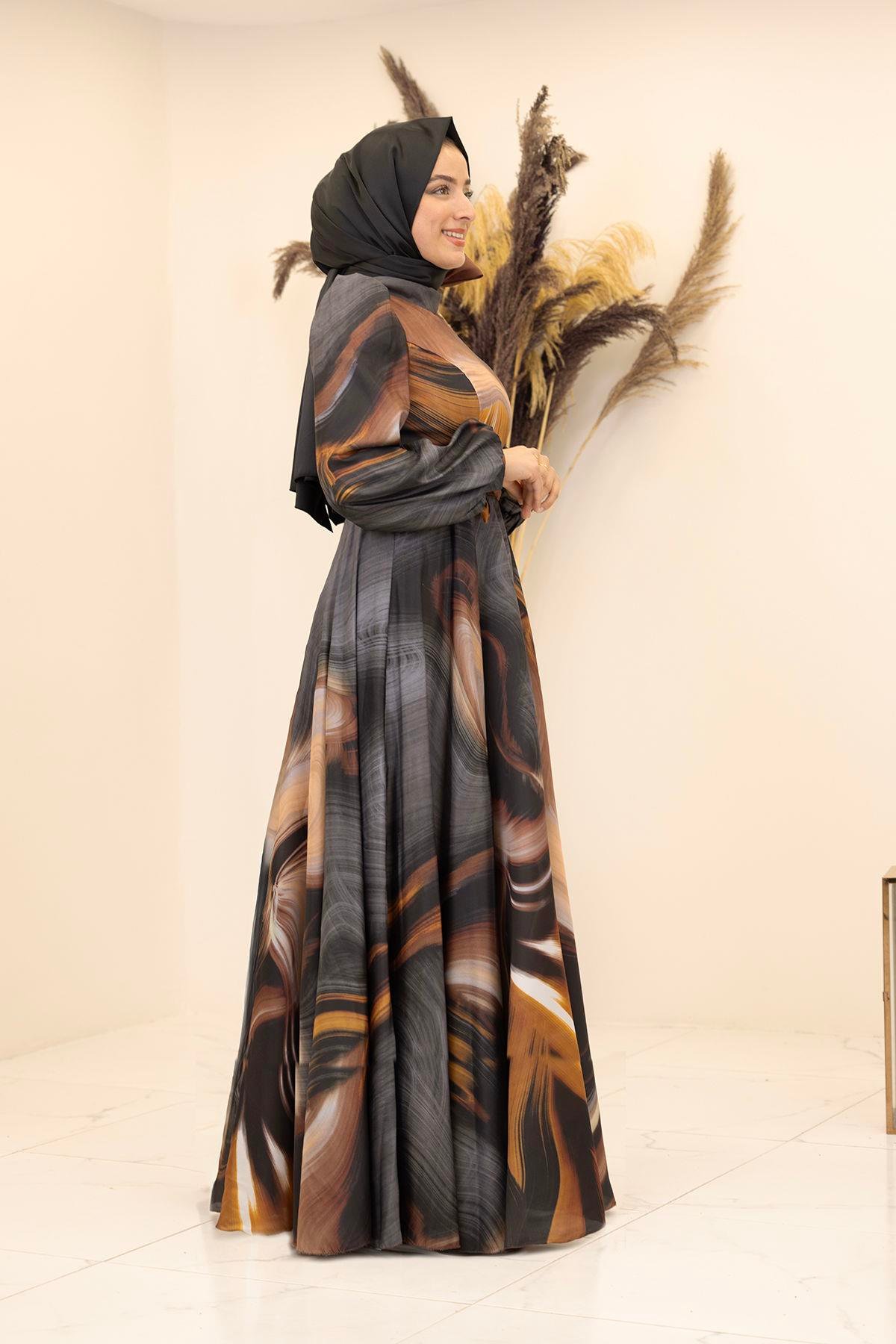 İpek Saten Kemerli Yakası Fiyonklu Desenli Ebruli Elbise-Siyah