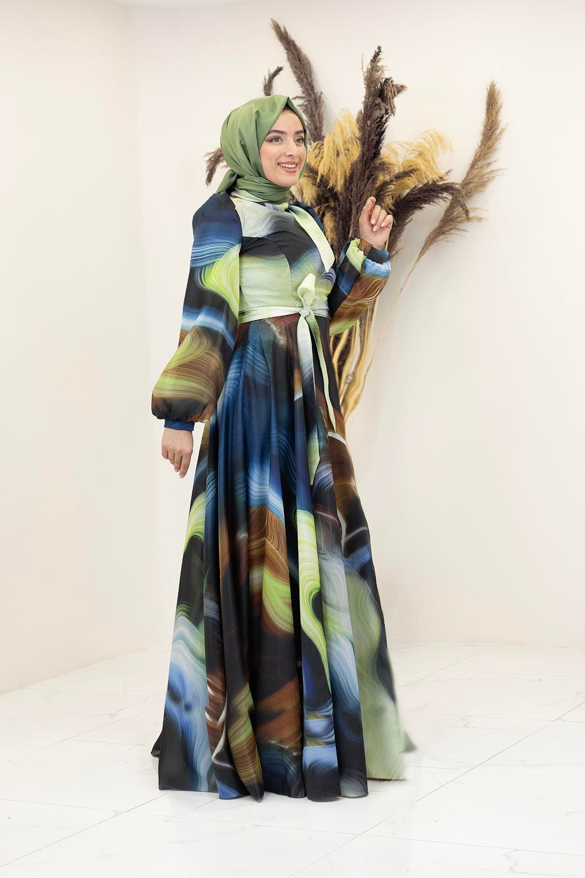 İpek Saten Kemerli Yakası Fiyonklu Desenli Ebruli Elbise-Saks