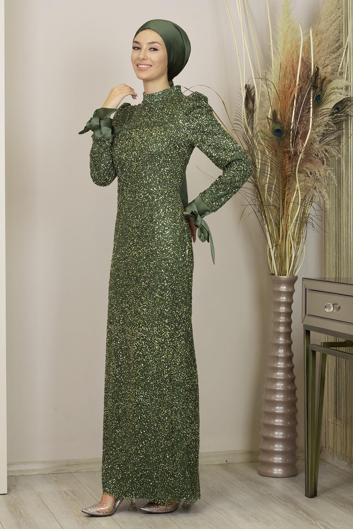 Kolları Fiyonklu Pul Payetli Sultan Abiye - Haki