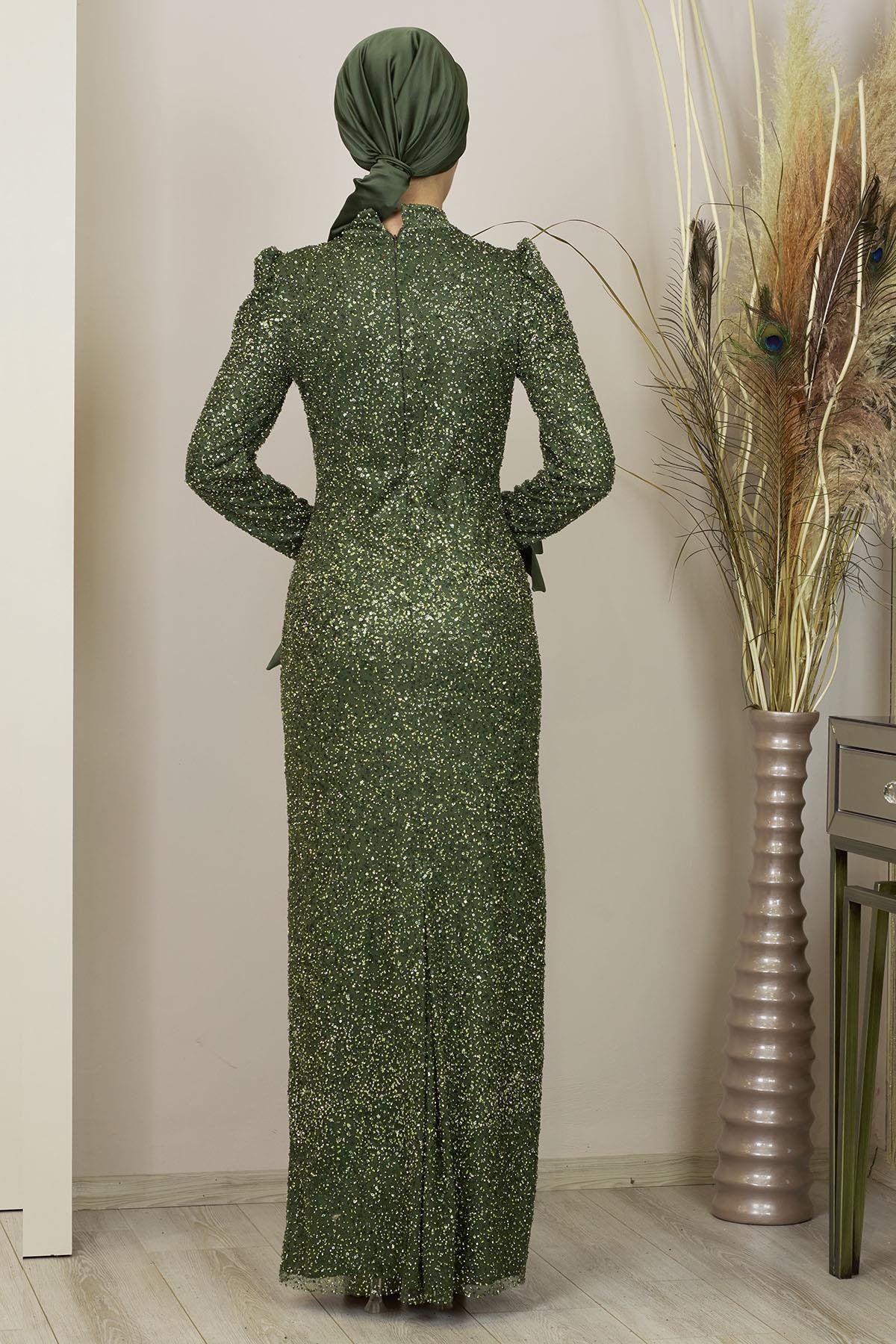 Kolları Fiyonklu Pul Payetli Sultan Abiye - Haki