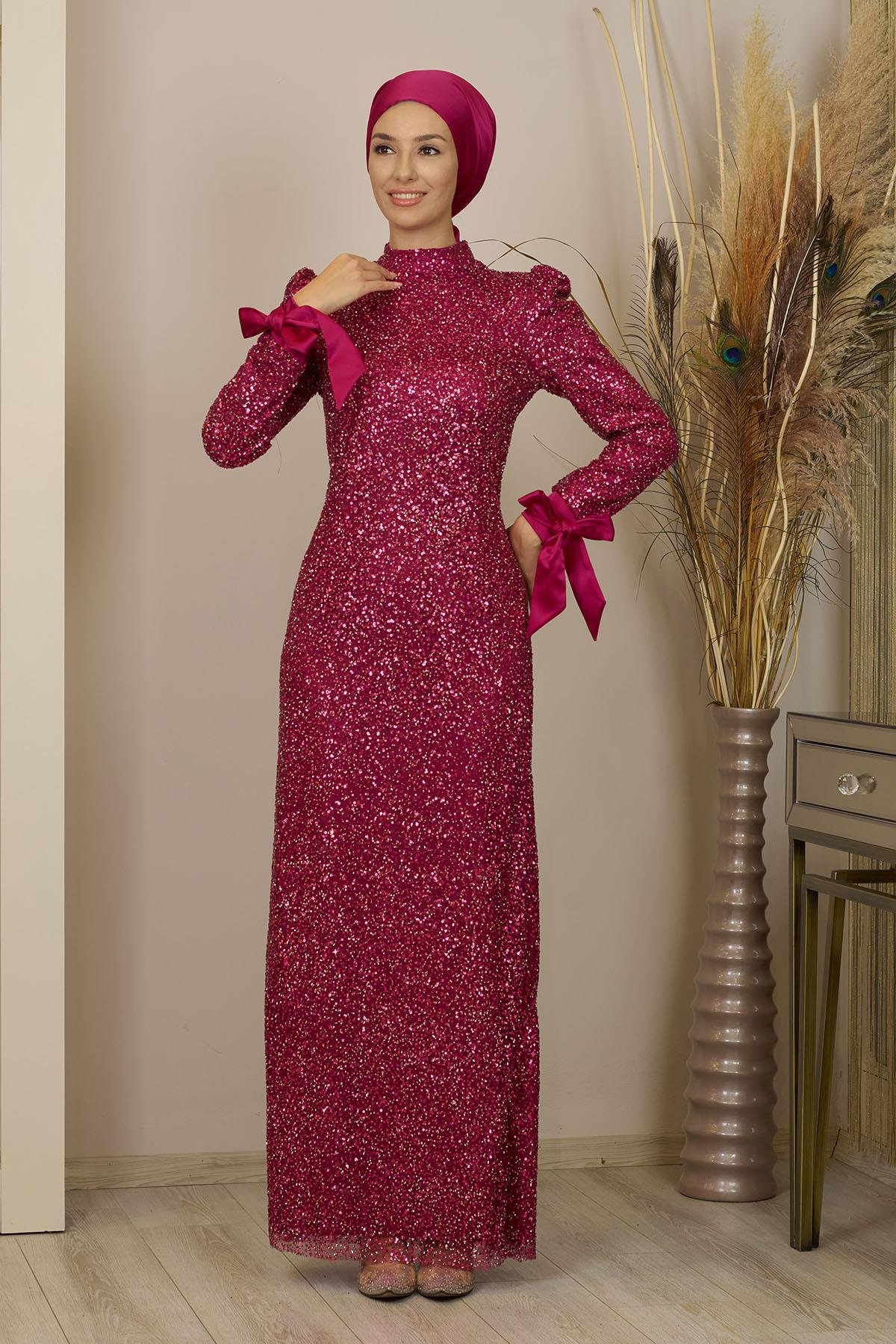 Kolları Fiyonklu Pul Payetli Sultan Abiye - Fuşya 