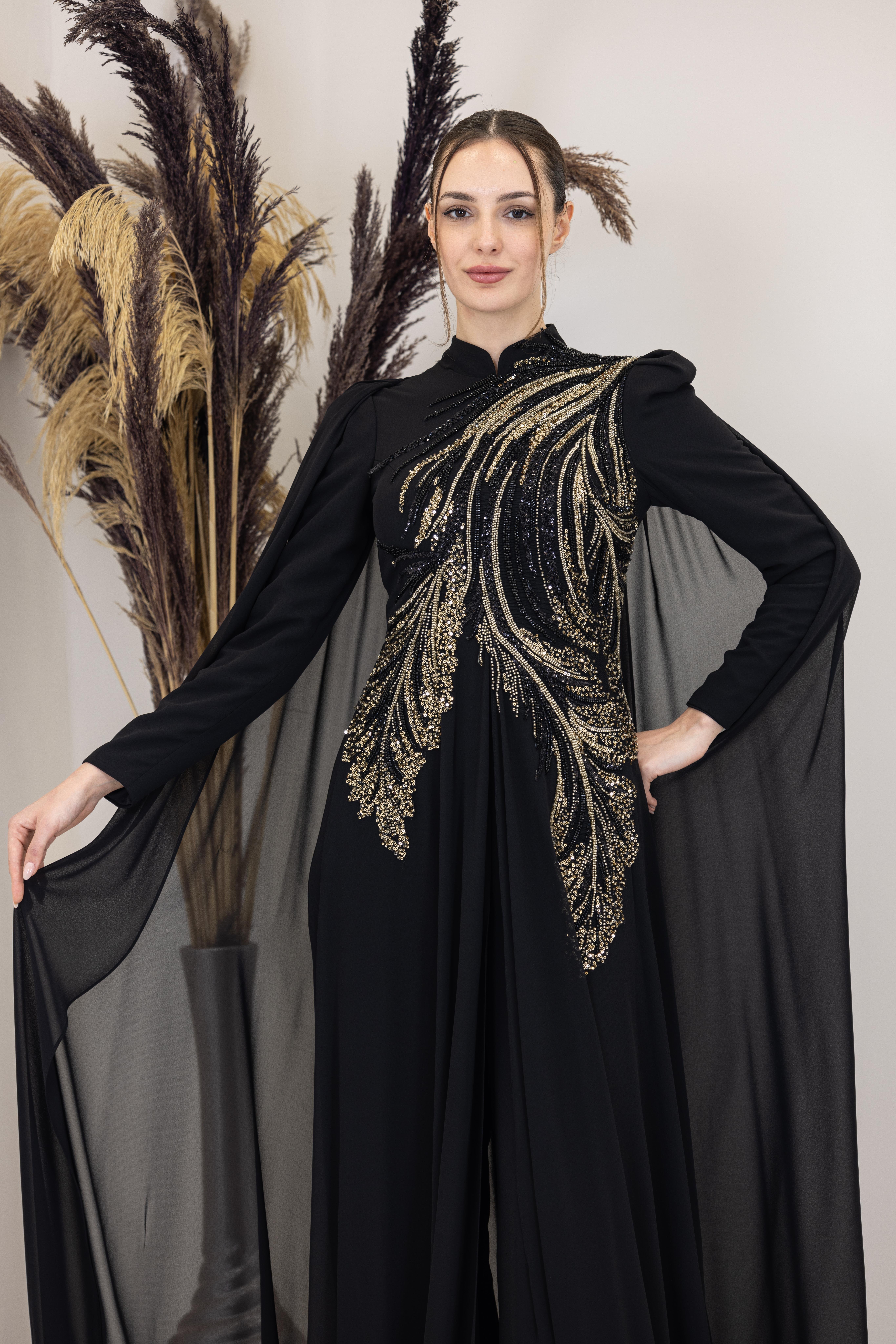 Kolları Pelerinli Elif Tulum - Siyah