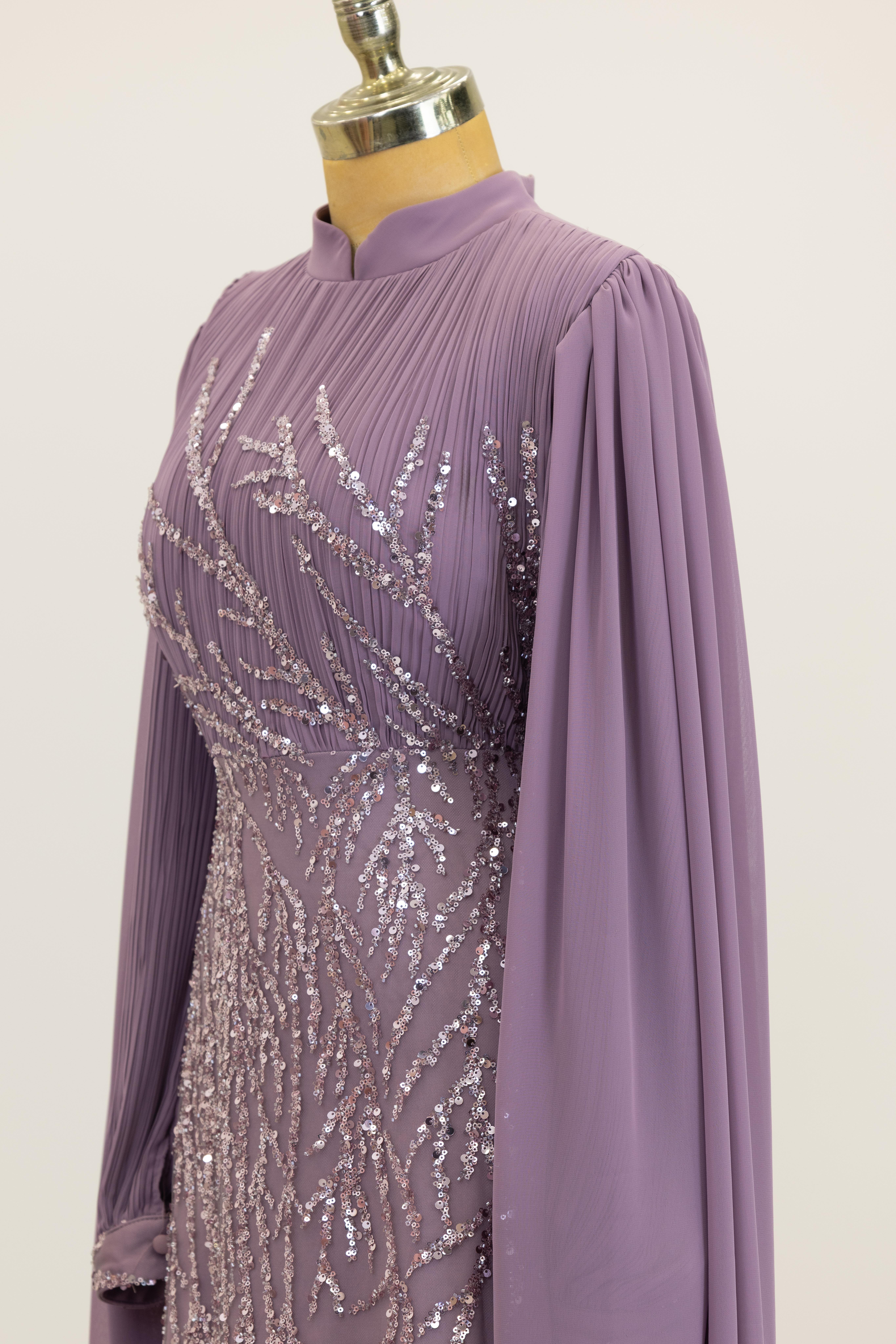 Kolları Pelerinli Ezgi Abiye -Lila