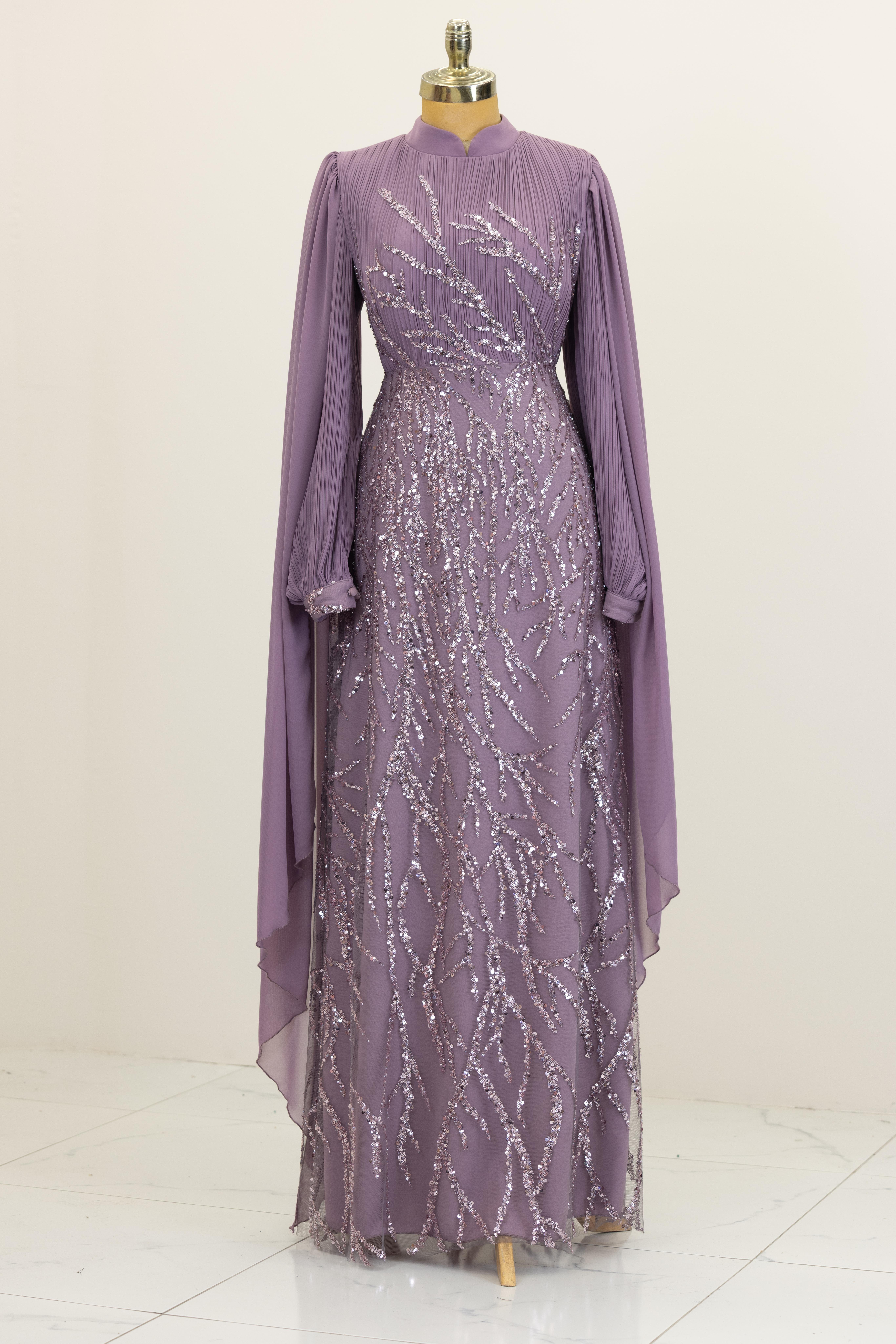 Kolları Pelerinli Ezgi Abiye -Lila