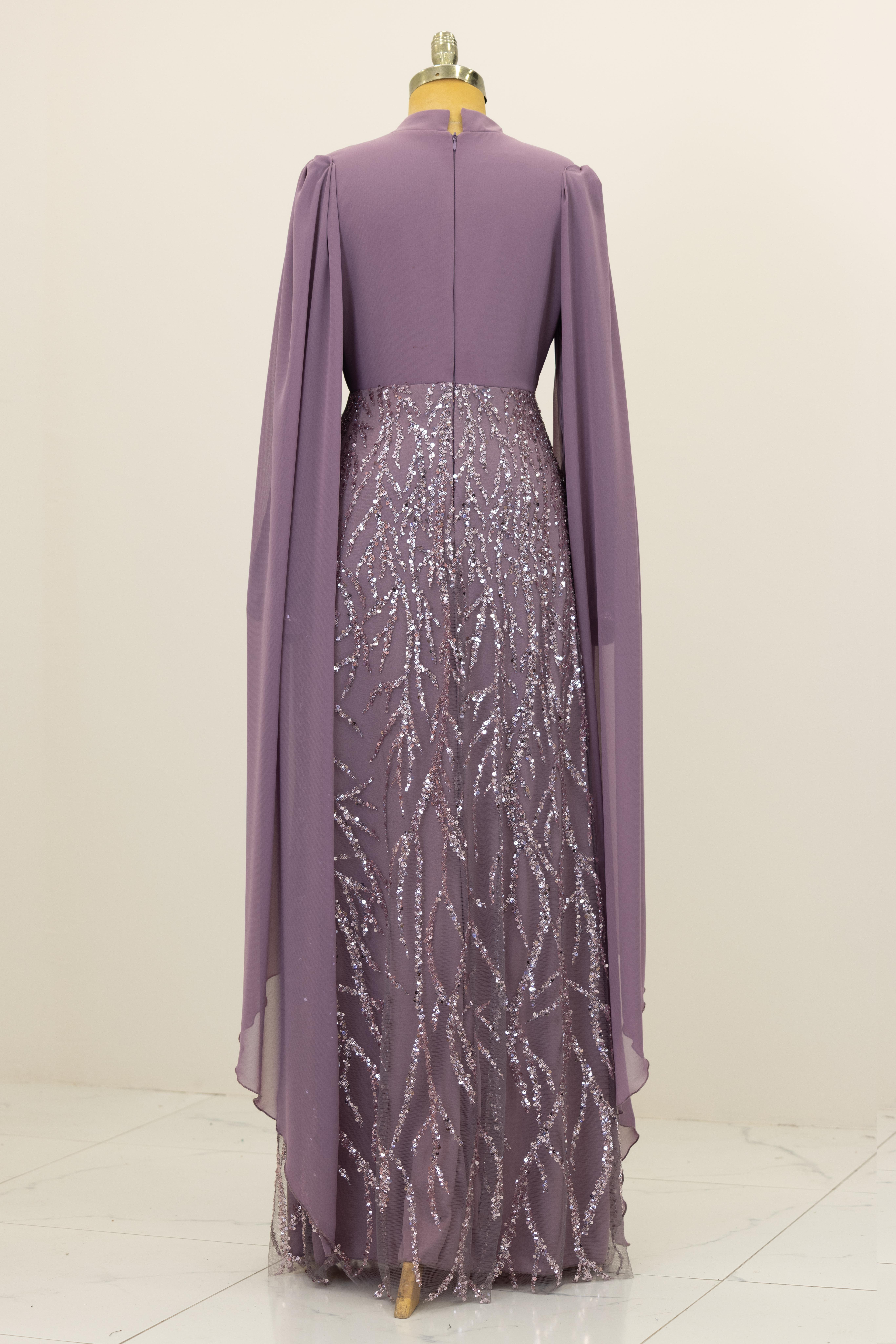 Kolları Pelerinli Ezgi Abiye -Lila