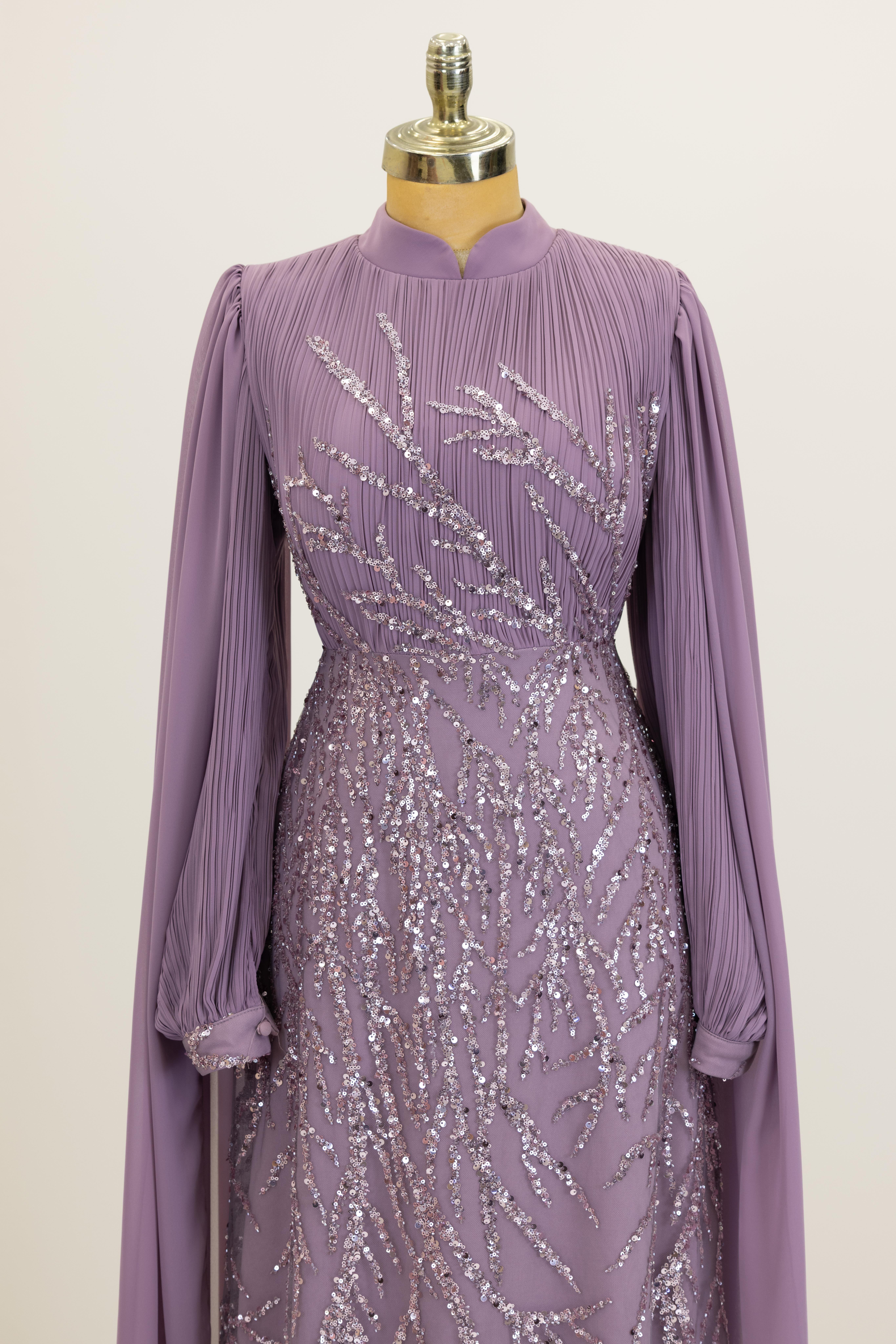 Kolları Pelerinli Ezgi Abiye -Lila