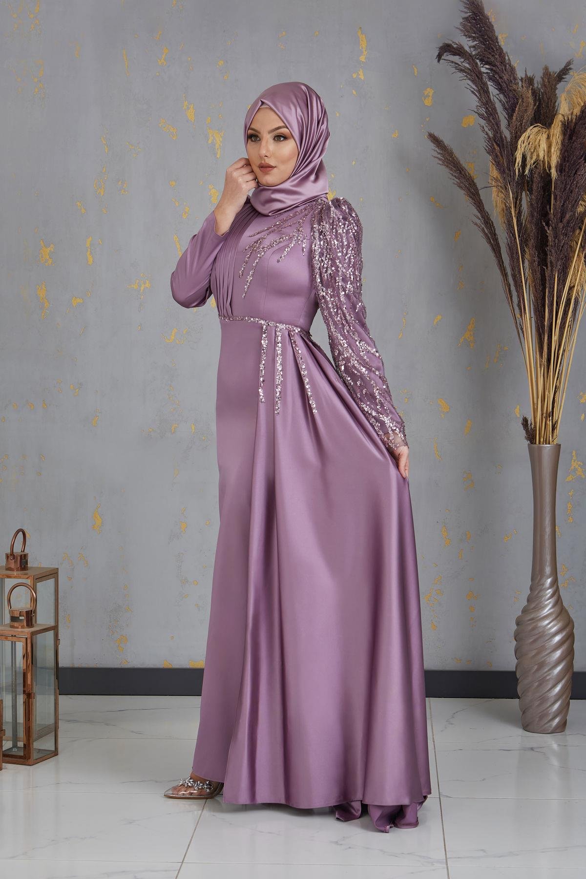 Kolu Boncuk İşlemeli Efila Tesettür Abiye - Gül Kurusu