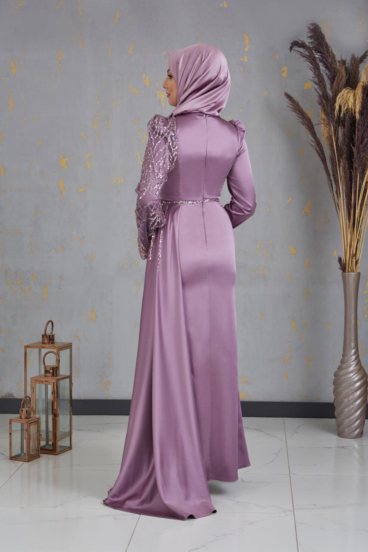 Kolu Boncuk İşlemeli Efila Tesettür Abiye - Gül Kurusu