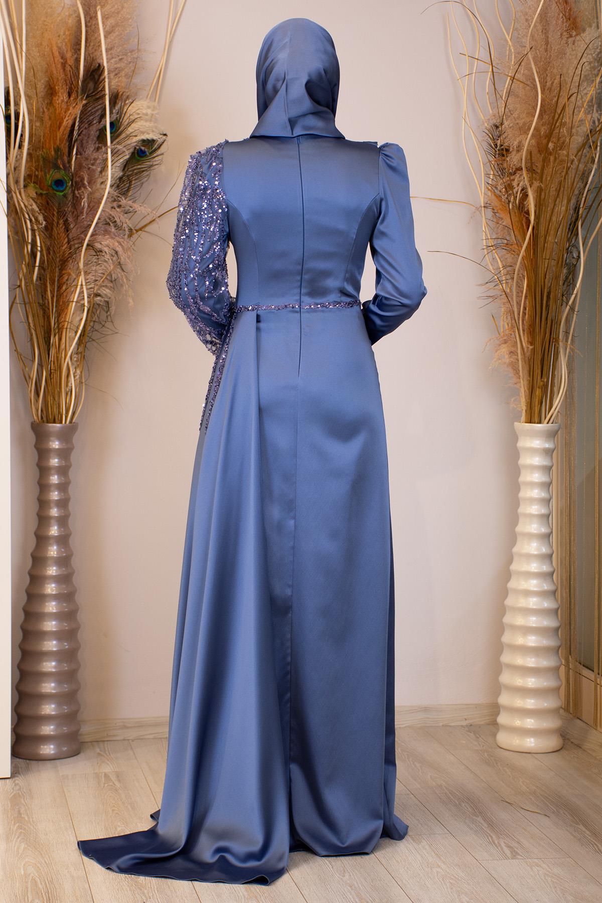 Kolu Boncuk İşlemeli Efila Tesettür Abiye - İndigo