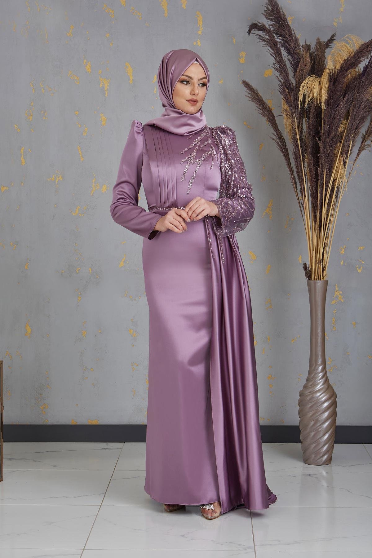 Kolu Boncuk İşlemeli Efila Tesettür Abiye - Gül Kurusu