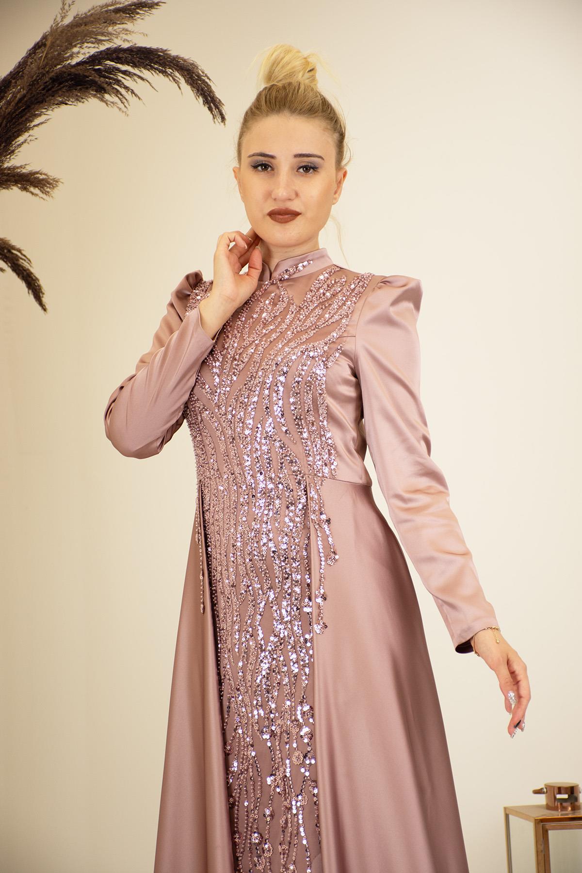 Kuyruklu Aplik İşlemeli Hakim Yaka Damla Tesettür Abiye - Gül Kurusu