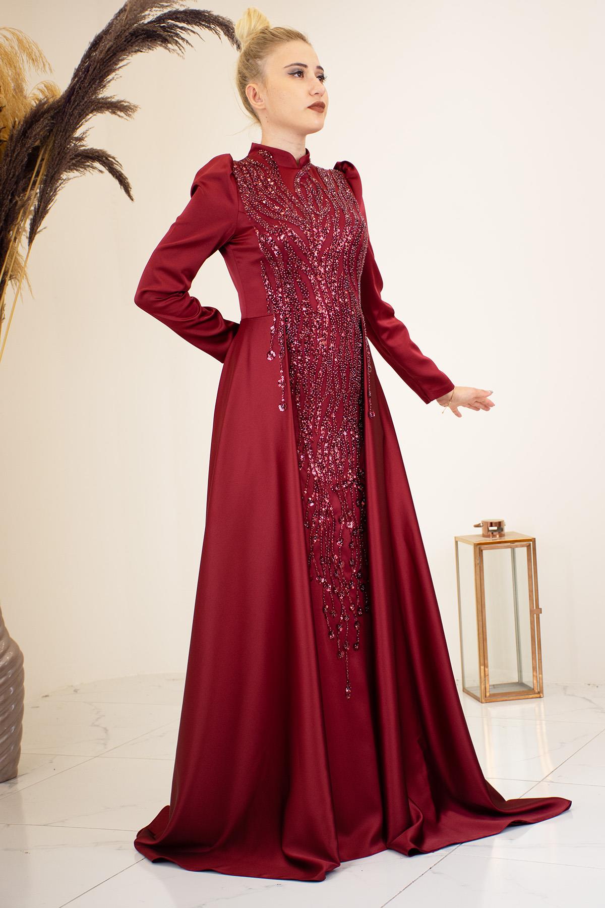 Kuyruklu Aplik İşlemeli Hakim Yaka Damla Tesettür Abiye - Bordo