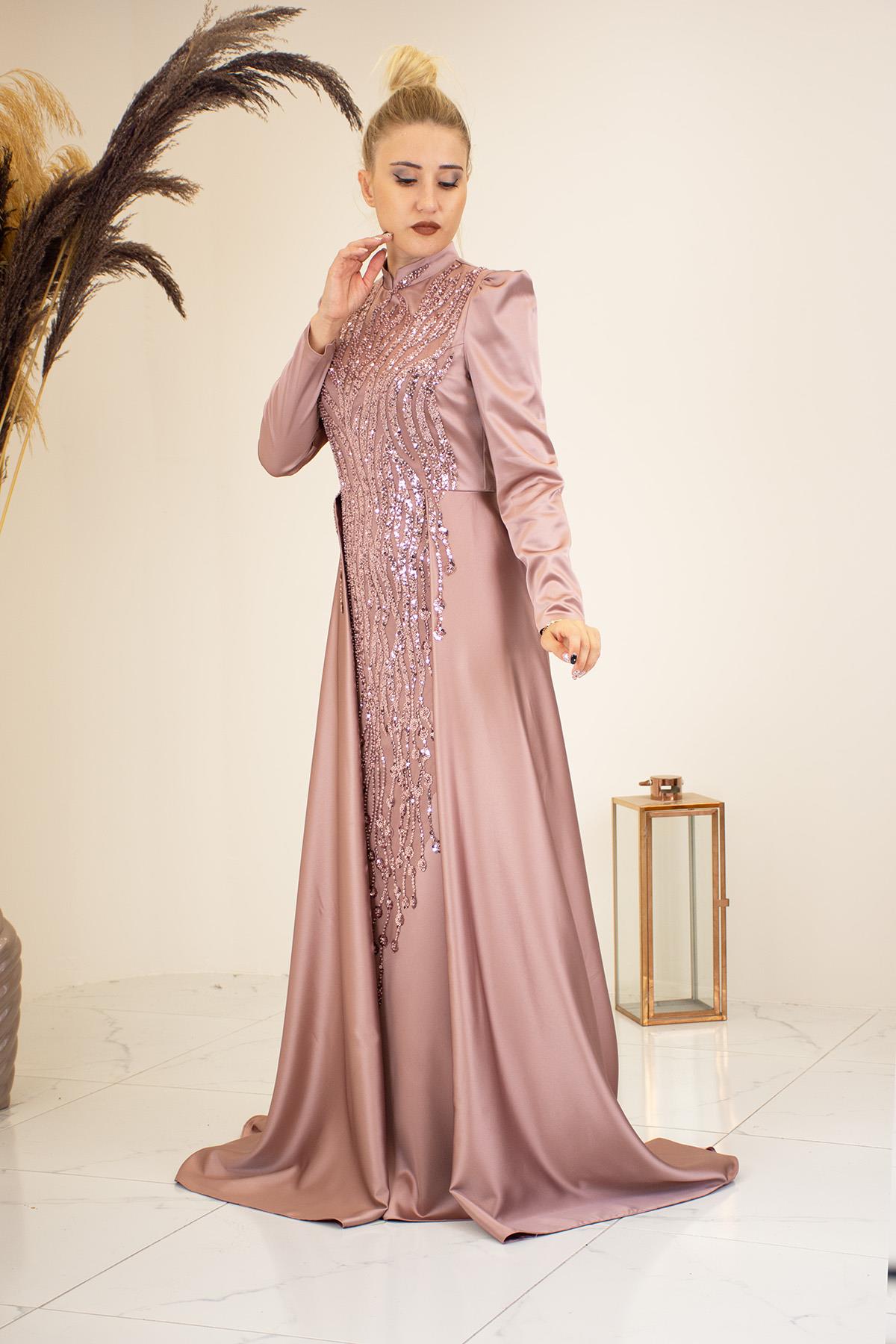 Kuyruklu Aplik İşlemeli Hakim Yaka Damla Tesettür Abiye - Gül Kurusu