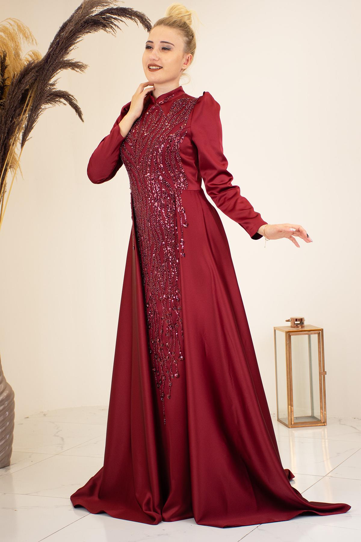 Kuyruklu Aplik İşlemeli Hakim Yaka Damla Tesettür Abiye - Bordo