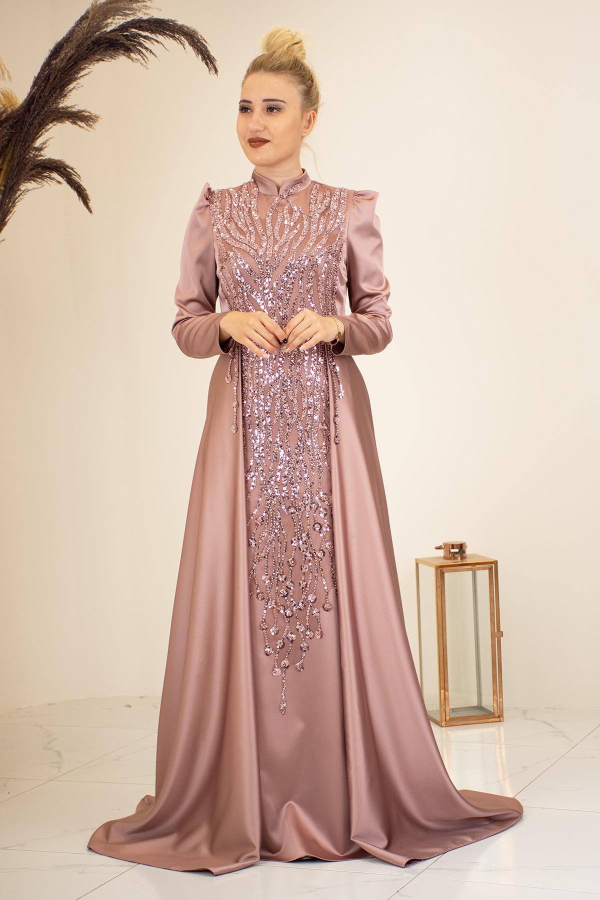 Kuyruklu Aplik İşlemeli Hakim Yaka Damla Tesettür Abiye - Gül Kurusu