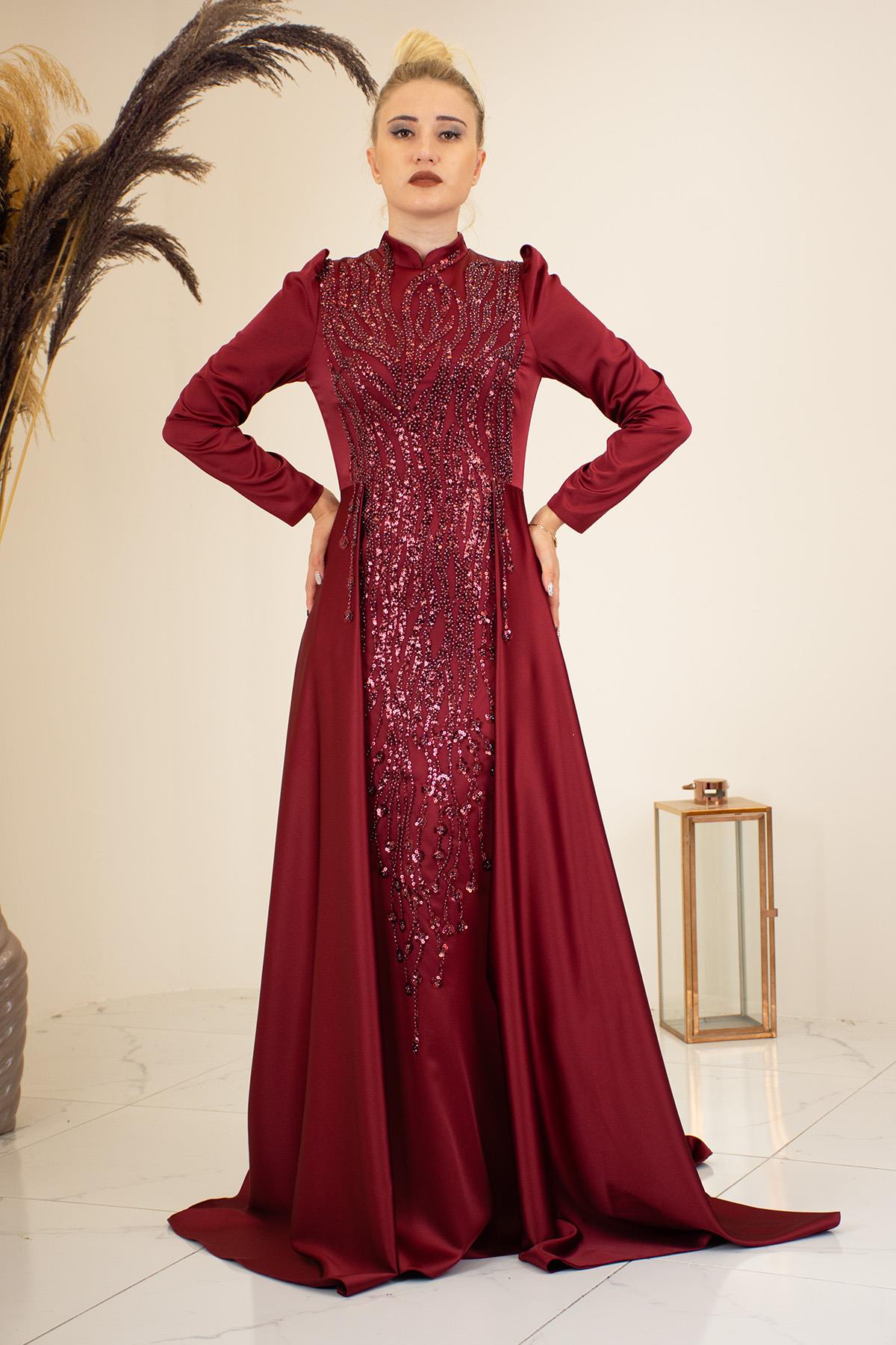 Kuyruklu Aplik İşlemeli Hakim Yaka Damla Tesettür Abiye - Bordo